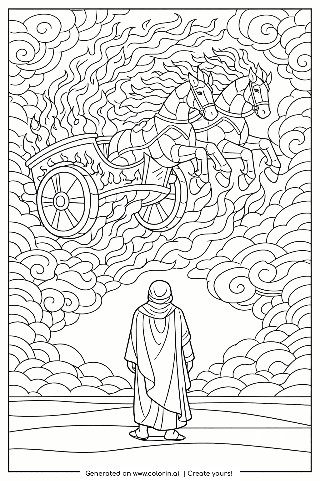 adult bible coloring pages, Elijah's chariot of fire pulled by rearing horses through swirling clouds