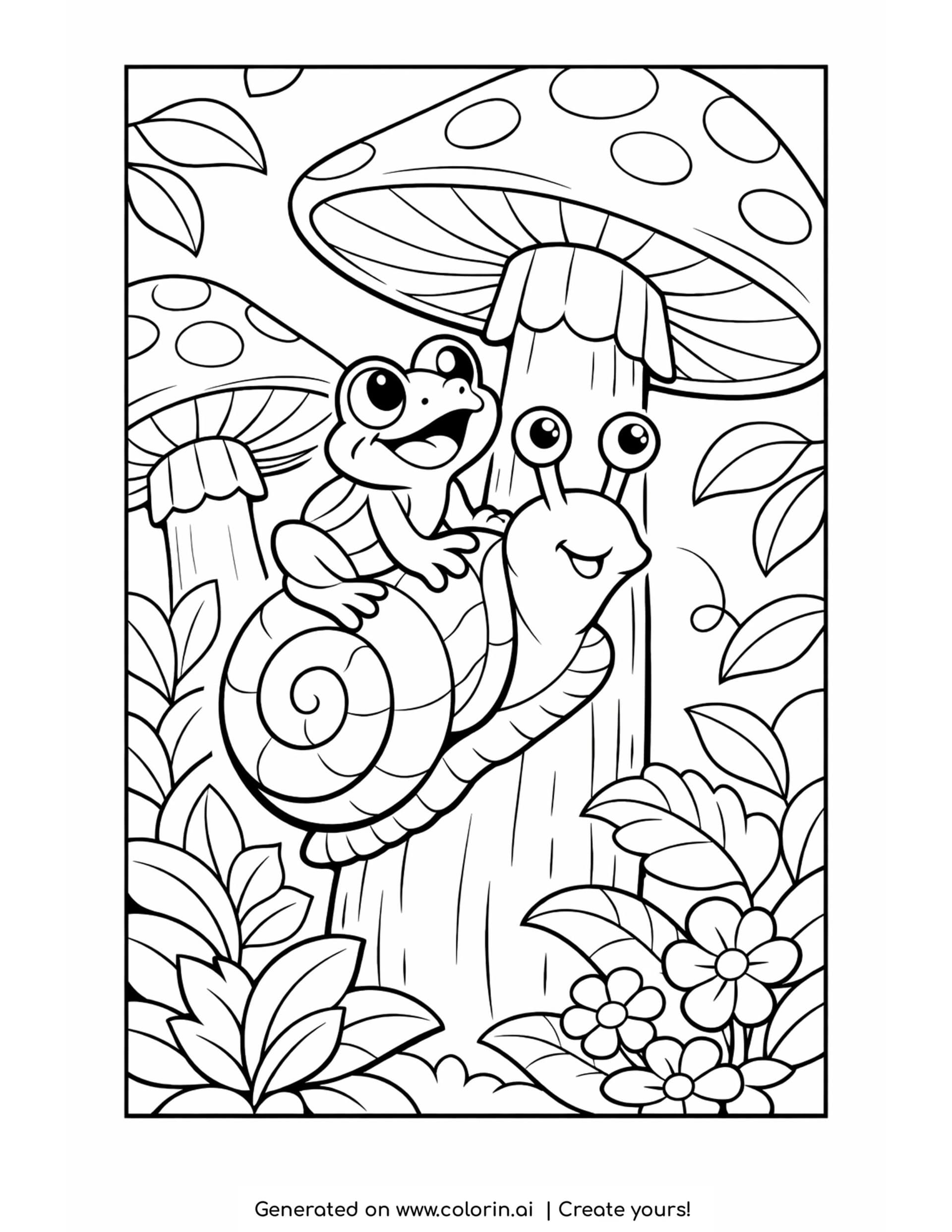 frog riding a snail climbing a mushroom with plants coloring page
