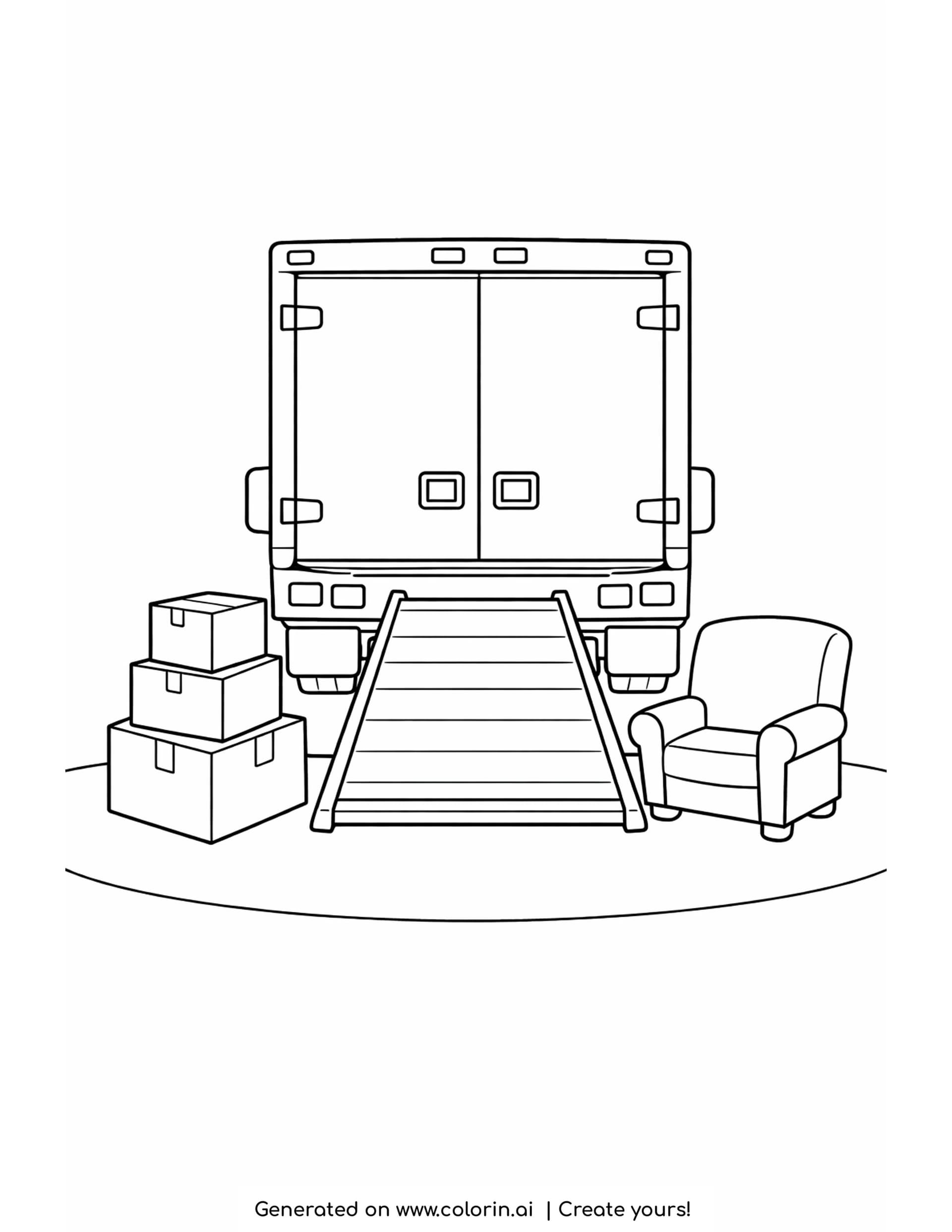 moving truck coloring pages: the rear of a moving truck with the ramp down, boxes and an armchair beside it