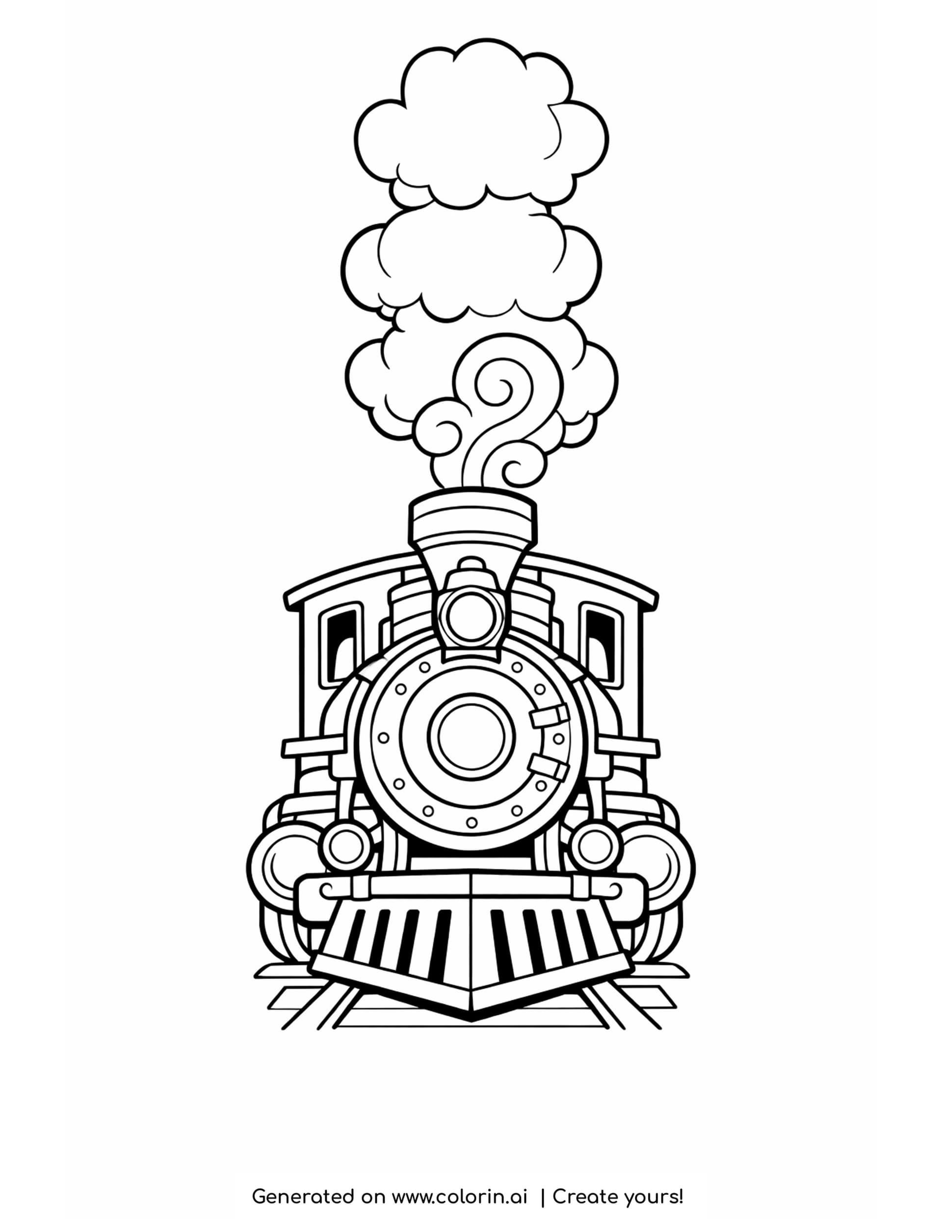 steam locomotive coloring pages: a riveted boiler seen head on with stacked smoke puffs and spiral curls