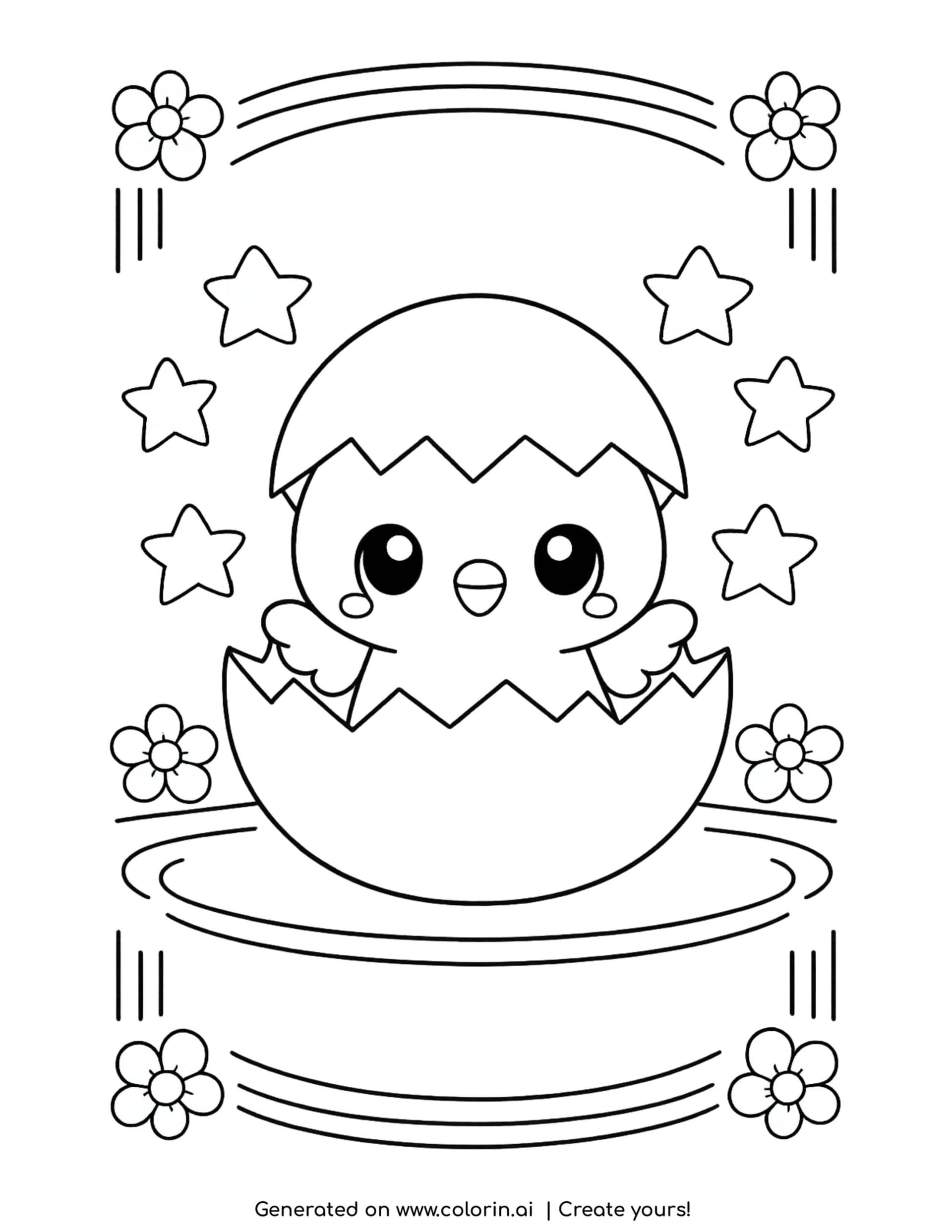 cute chick hatching from egg coloring page with stars flowers and decorative lines