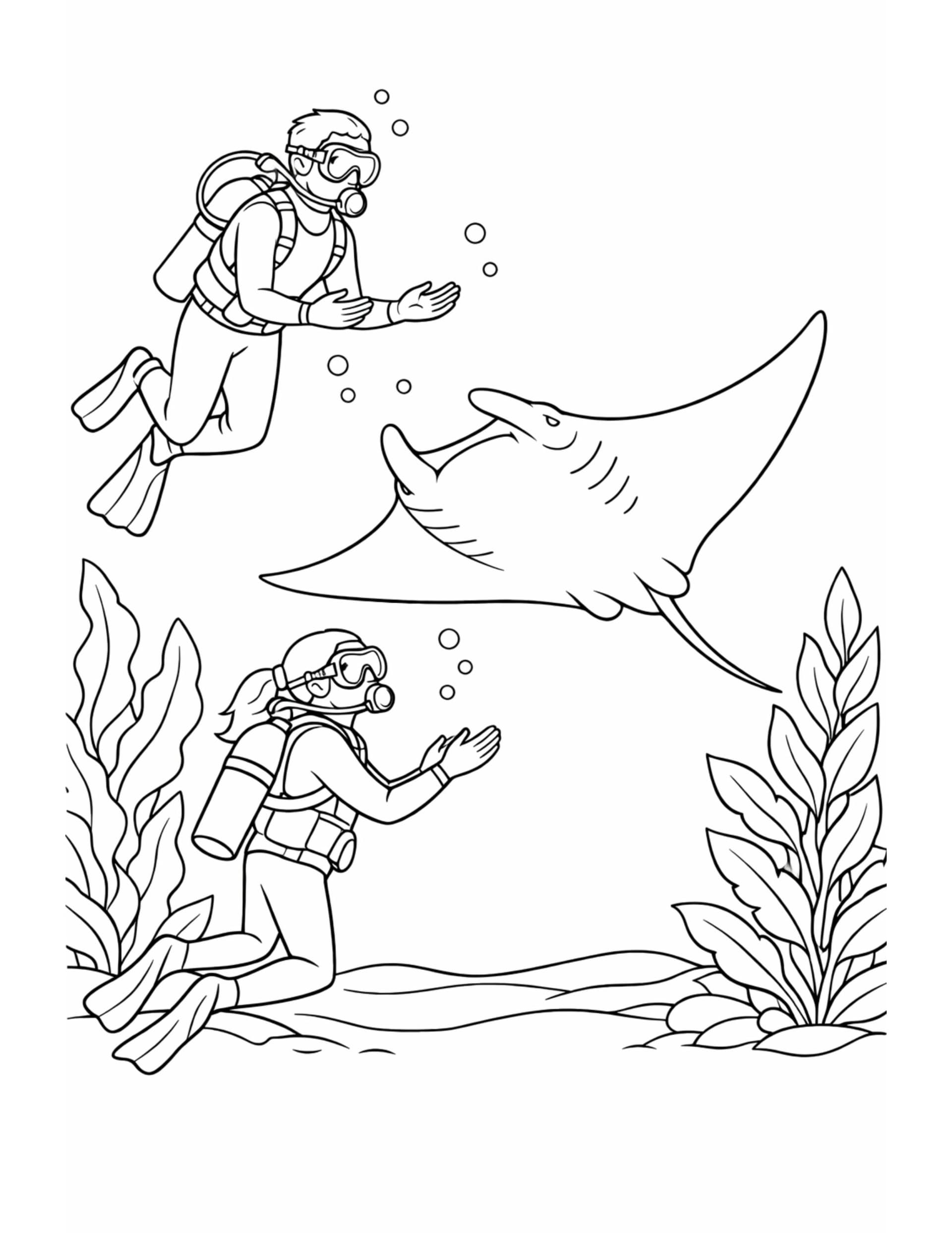 scuba divers with manta ray coloring page showing two divers reaching toward a manta ray underwater coloring page