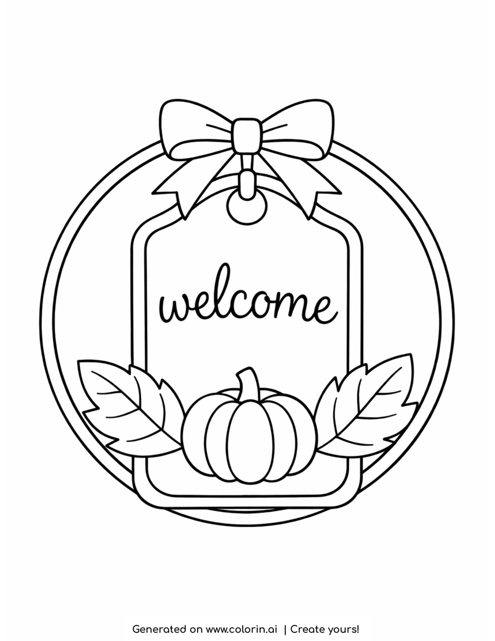 thanksgiving day coloring pages, a round welcome door sign with a bow, a hanging tag, a pumpkin, and two leaves