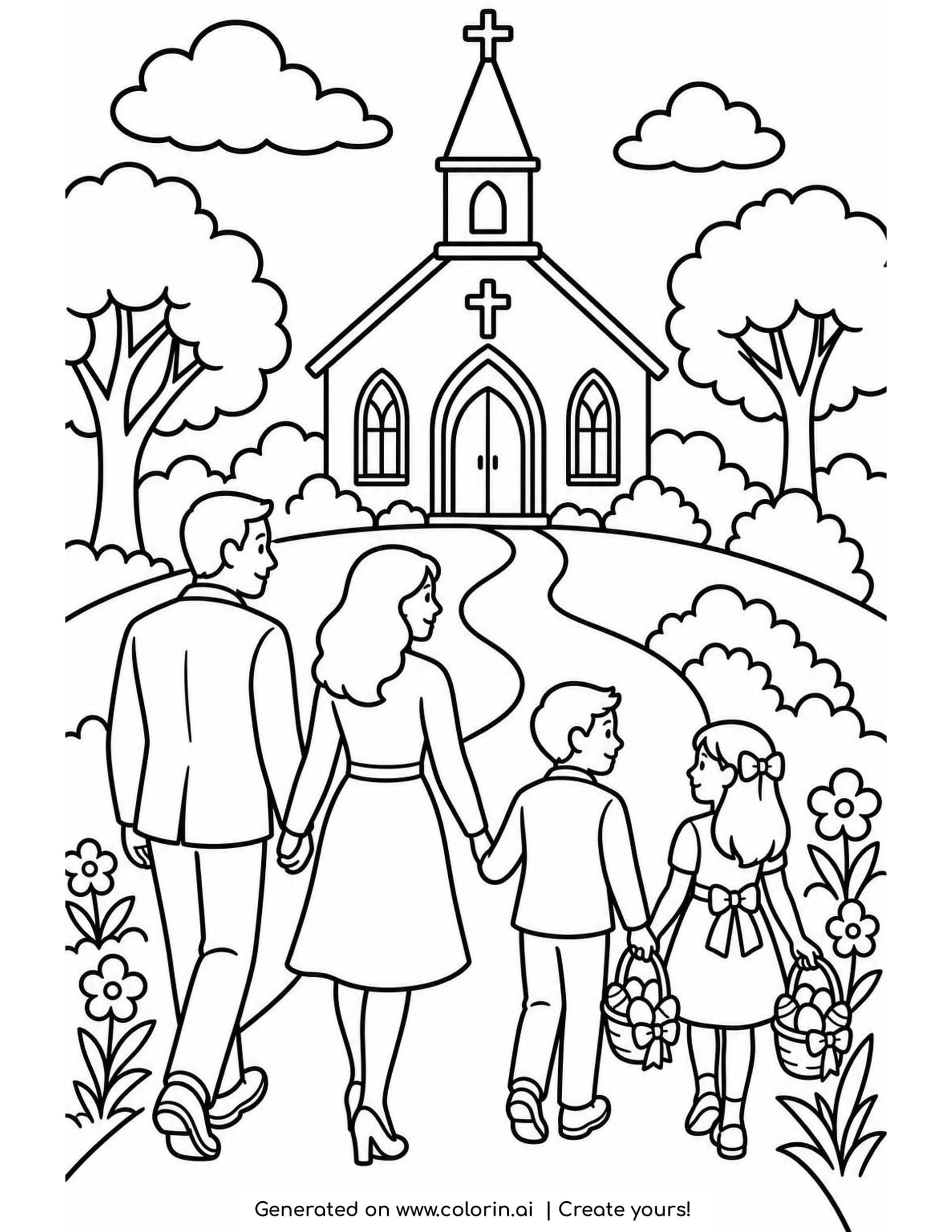 Easter Sunday coloring page of a mother, a father and two children walking up a winding path to a small church, the children carrying baskets of Easter eggs