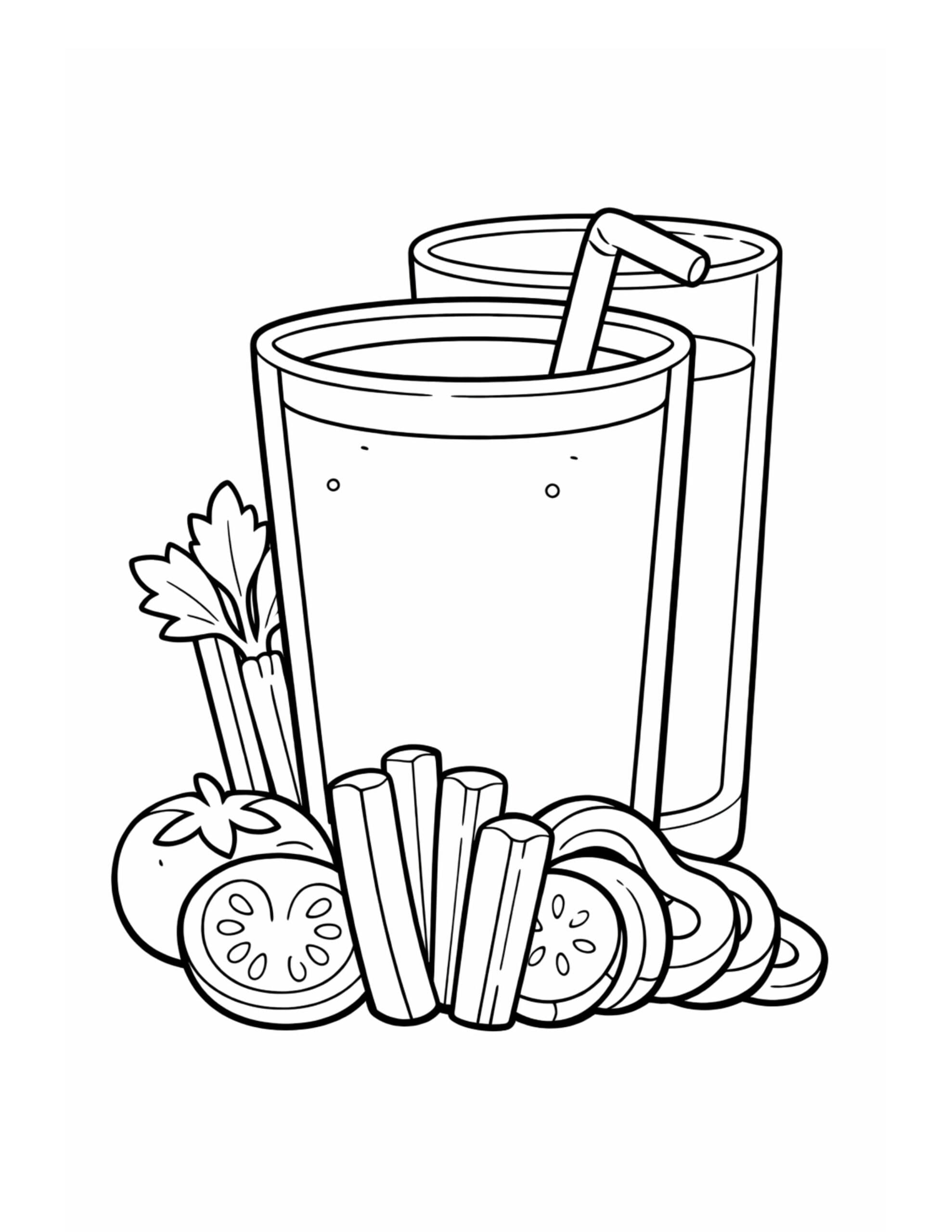 two veggie juice glasses coloring page with two tall drinks, straws, and sliced vegetables coloring page