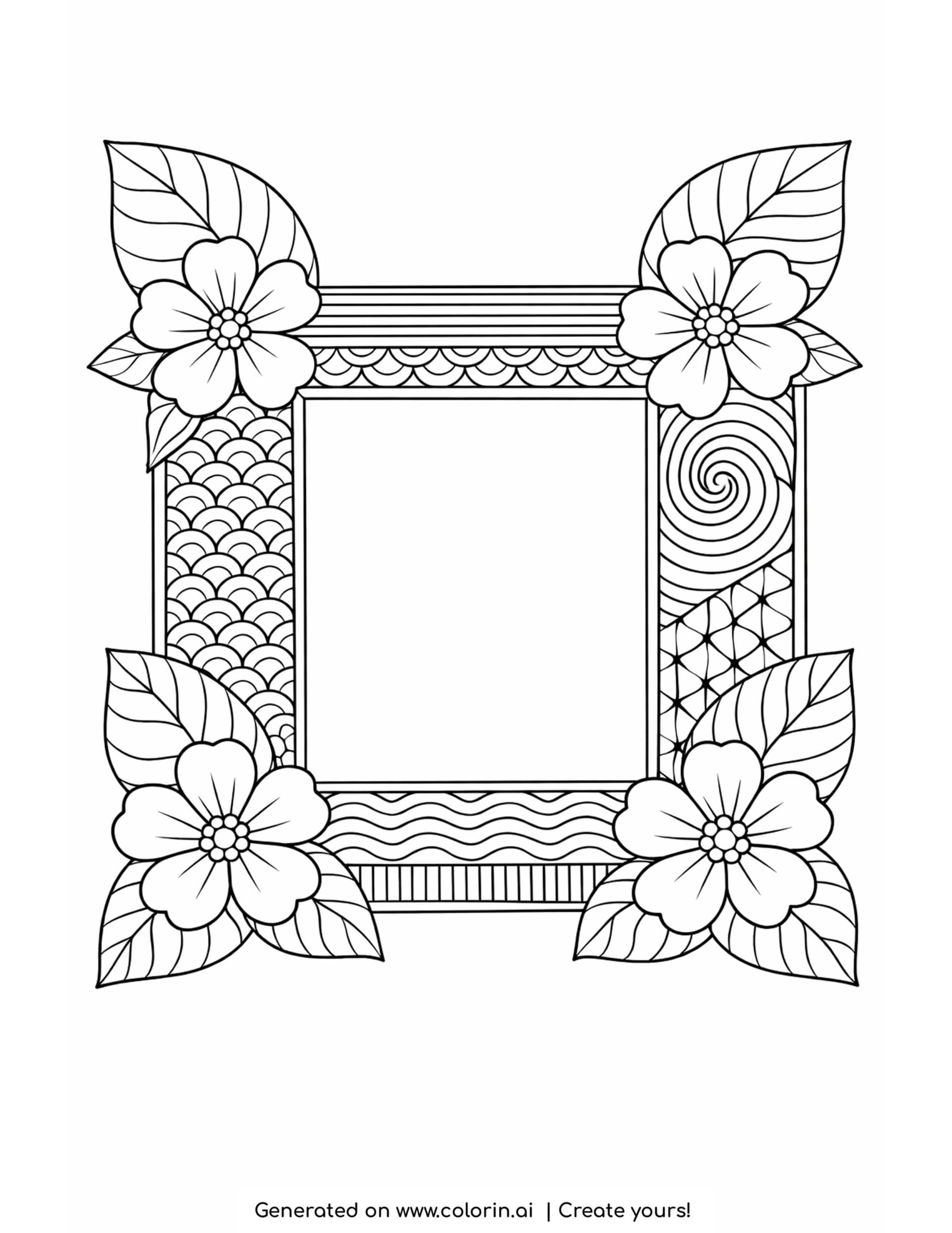 decorative floral frame with leaves and flowers coloring page