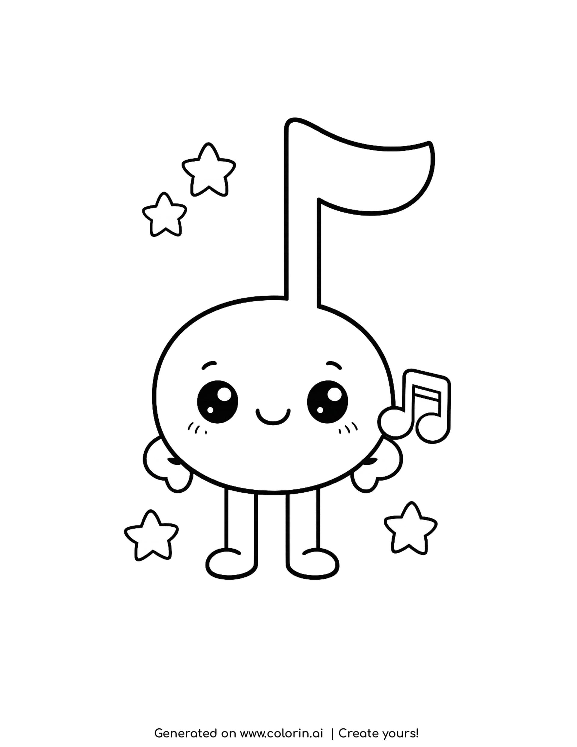 music notes coloring pages - smiling eighth note character with arms, legs and four stars around it
