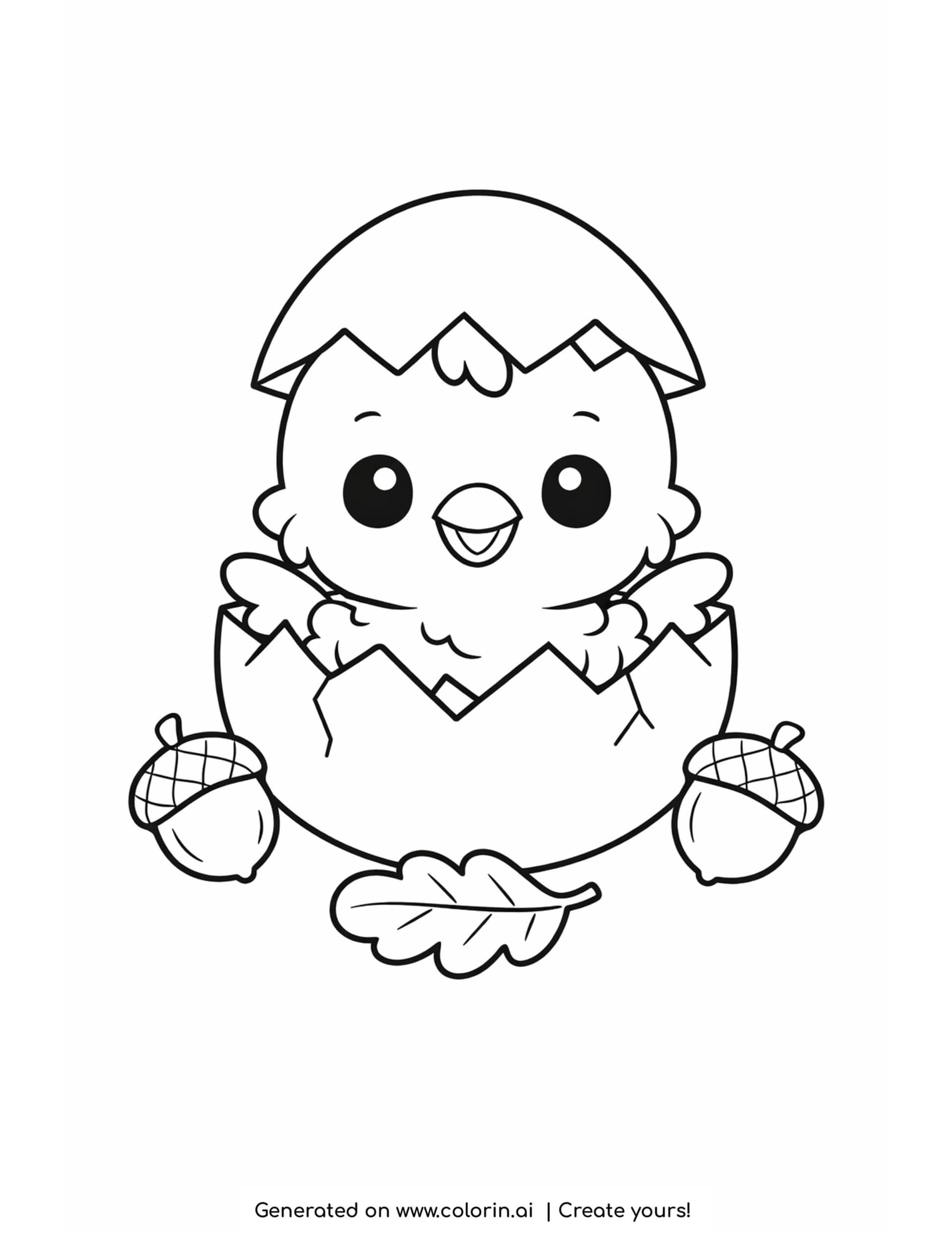cute thanksgiving coloring pages, a tiny baby turkey poking out of a cracked egg with acorns and a leaf around it