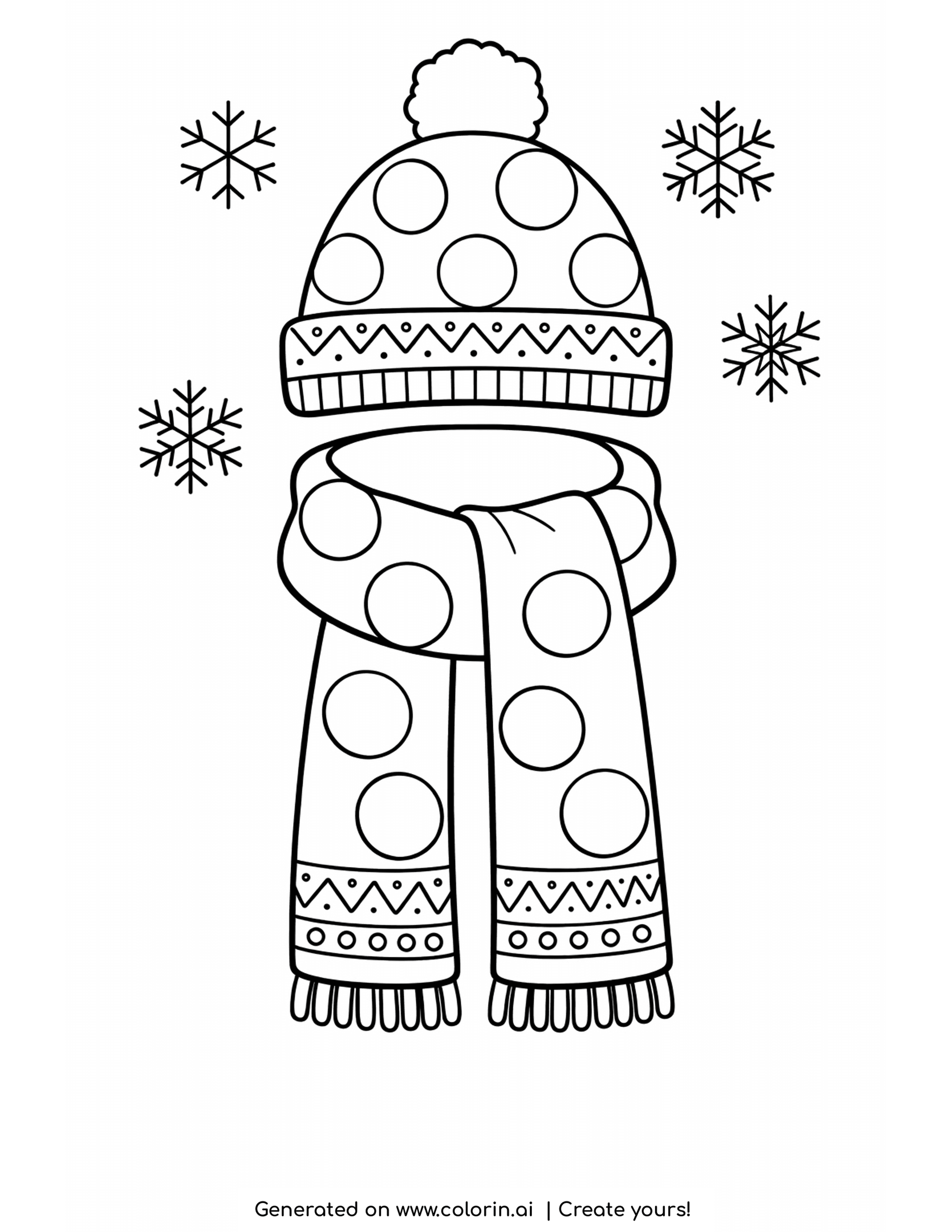 easy winter coloring pages, a simple pom-pom hat and polka-dot scarf with snowflakes