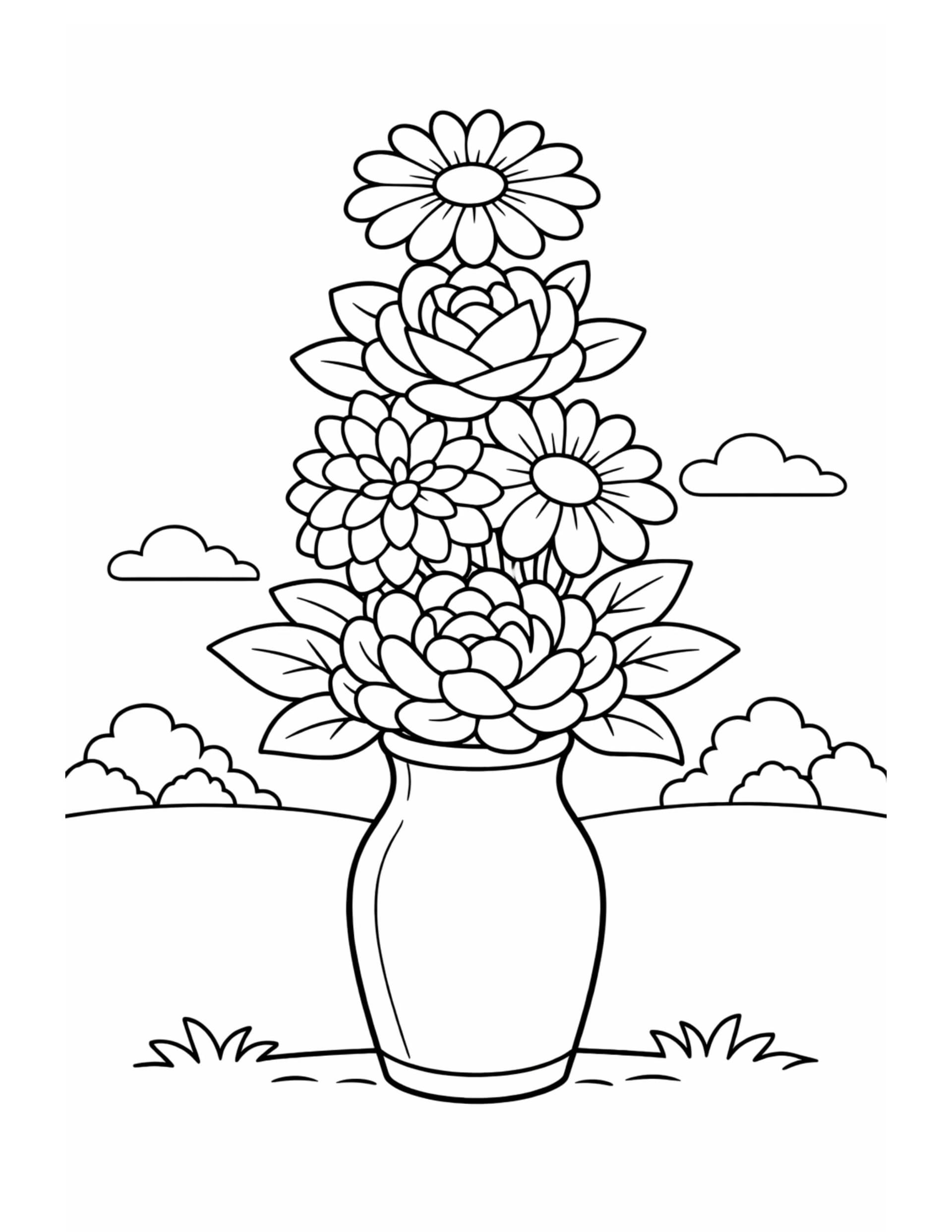 vase of stacked flowers coloring page with tall bouquet in a simple outdoor scene coloring page