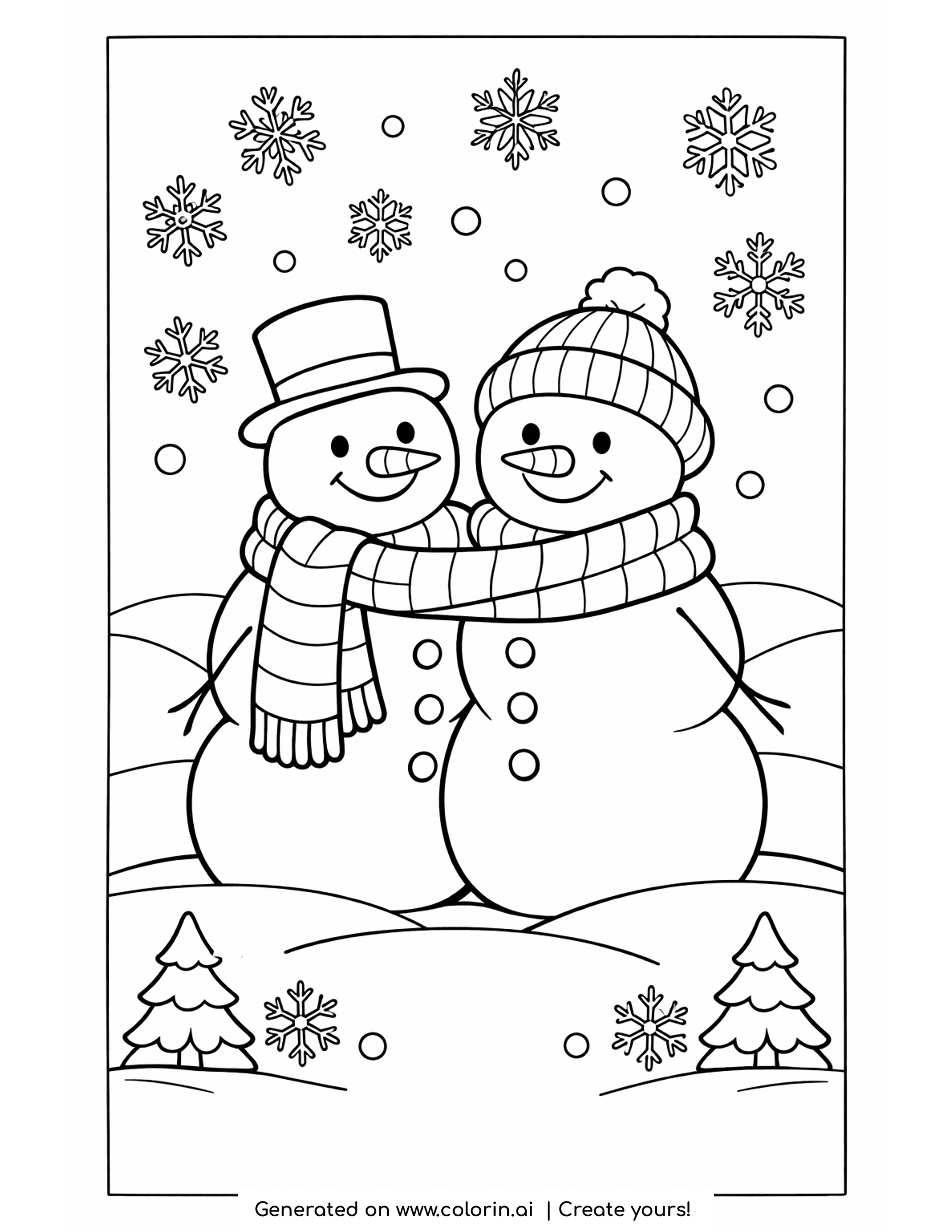 snowman coloring pages, two snowmen leaning close together wrapped in one striped scarf with pine trees behind