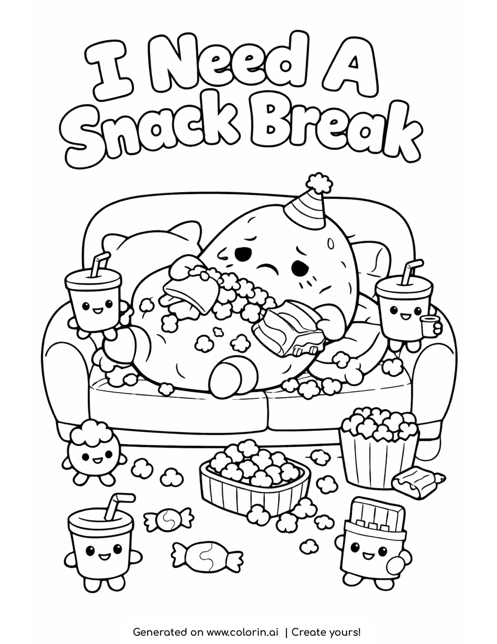 potato buried in snacks coloring page with popcorn soda cups and cozy couch scene