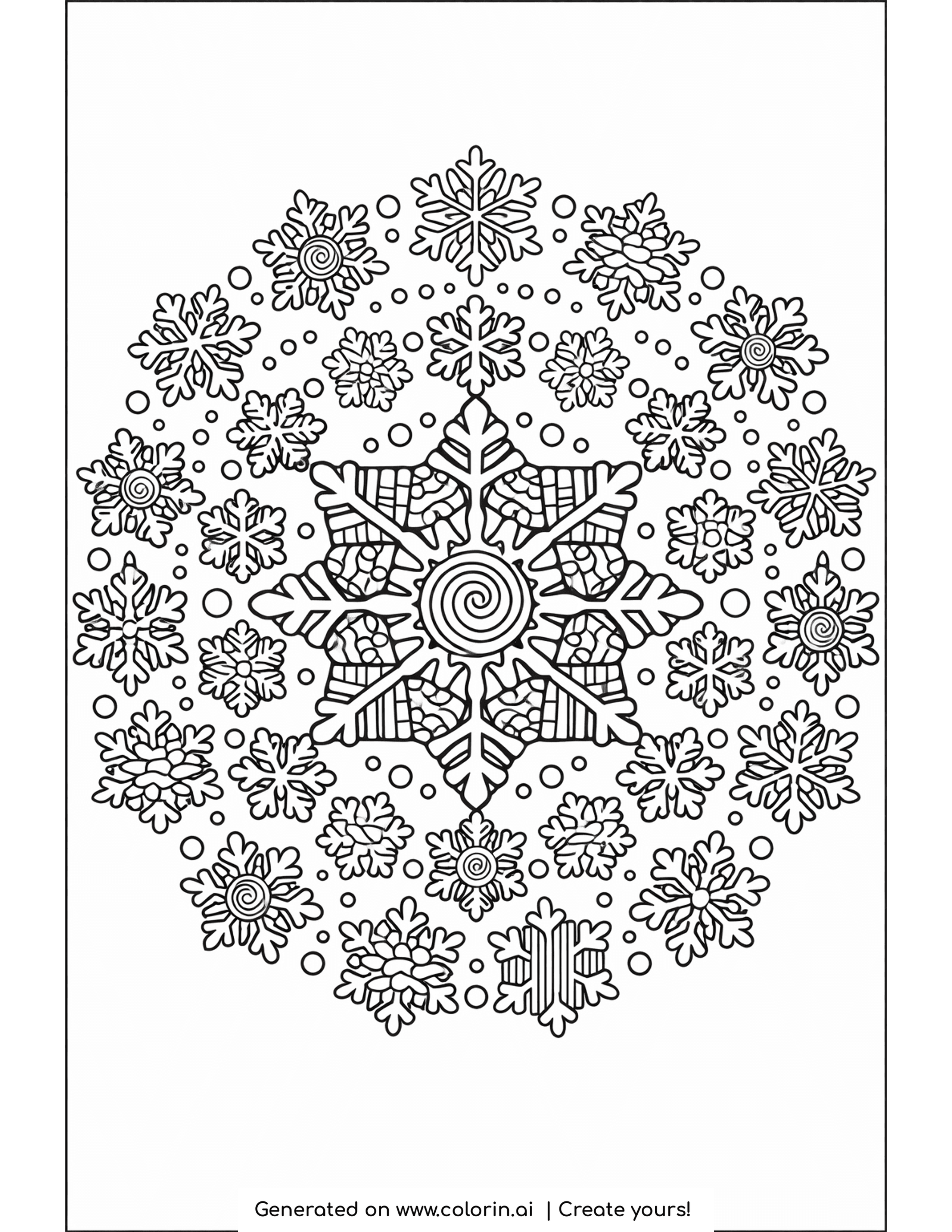 winter mandala coloring pages, a circular mandala built from many small snowflakes around a large center