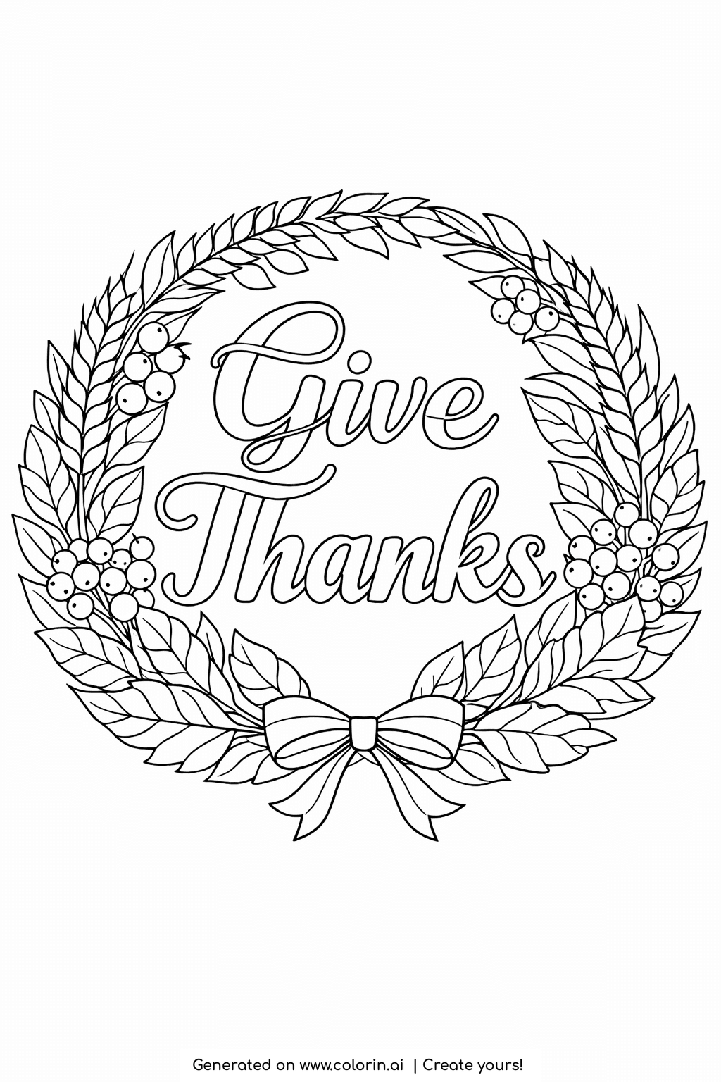 coloring pages with bible verses, Give Thanks lettering inside a laurel wreath of leaves and berries with a bow