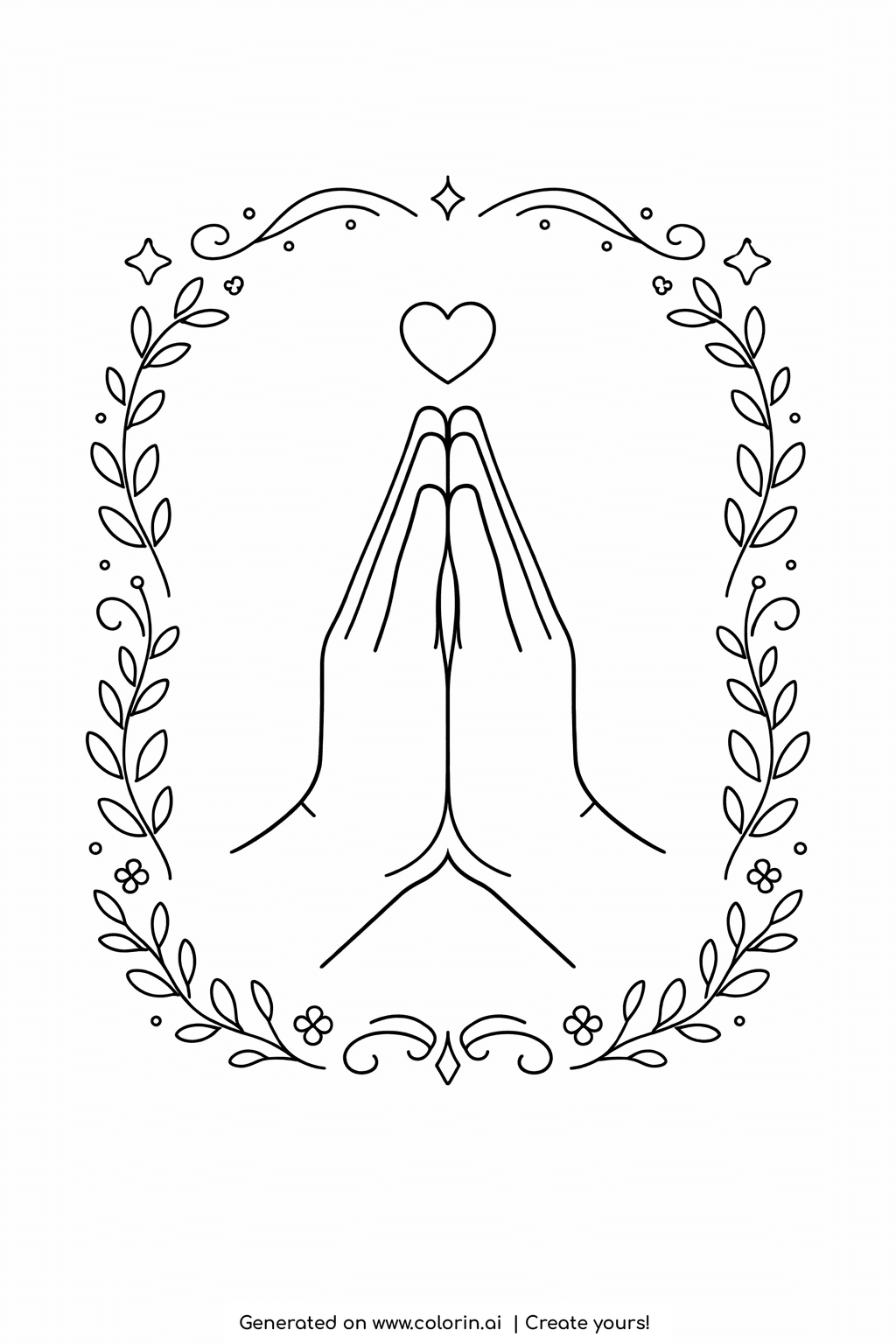 simple bible coloring pages, two little praying hands framed by a leafy wreath with a small heart