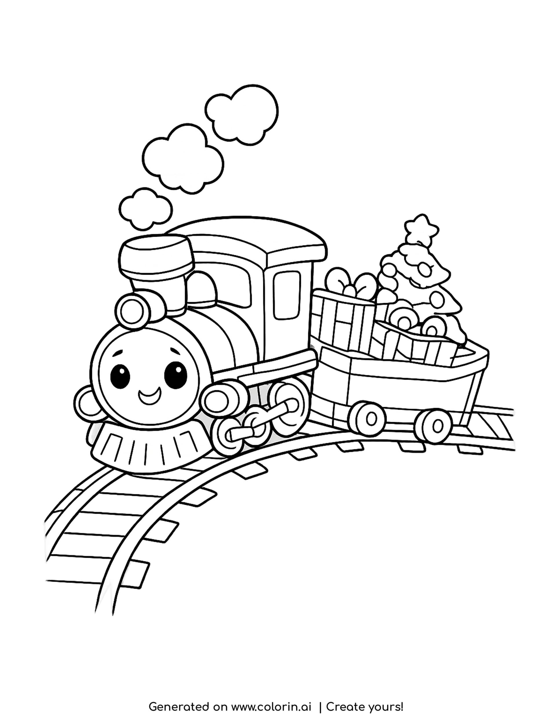christmas train coloring page with a smiling engine pulling wrapped gifts and a decorated tree