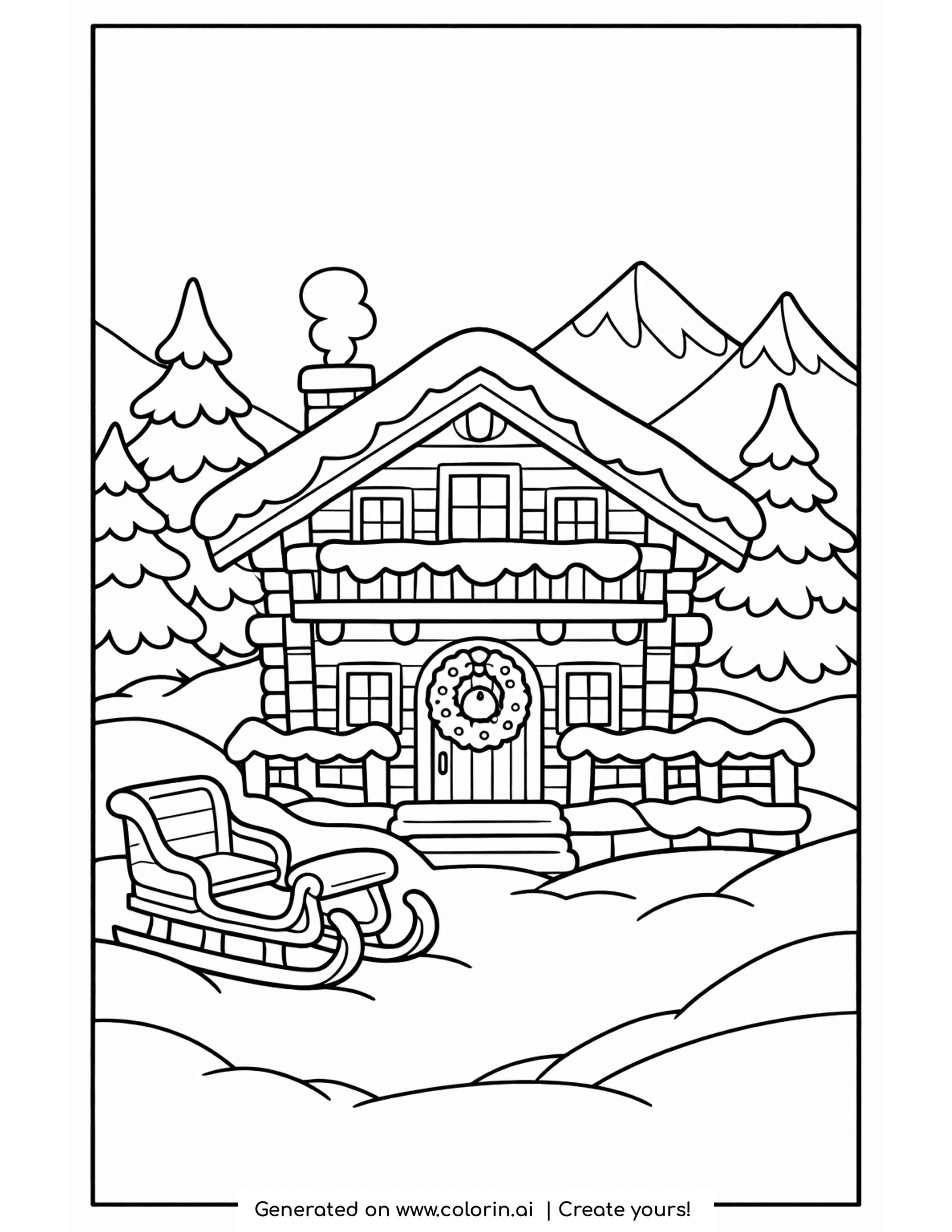 winter scene coloring pages, snow-covered alpine chalet with a wooden sleigh in front