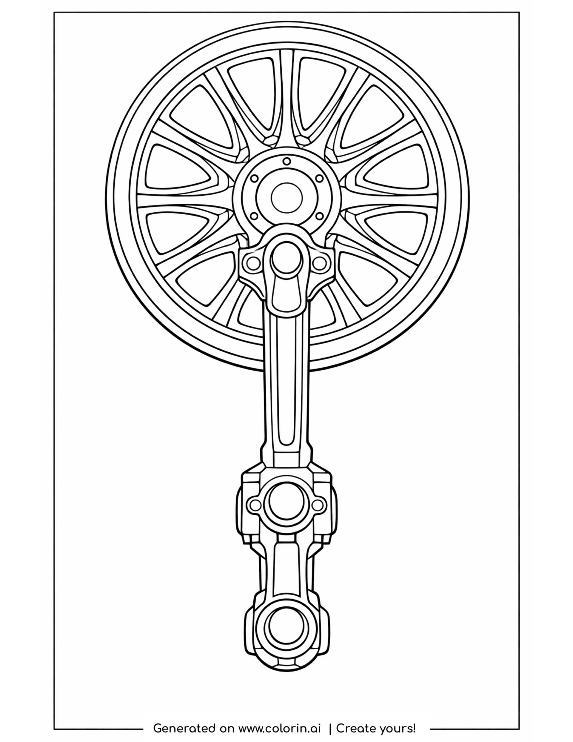 train wheel coloring pages: a twelve spoke locomotive driving wheel with its connecting rod running down the page