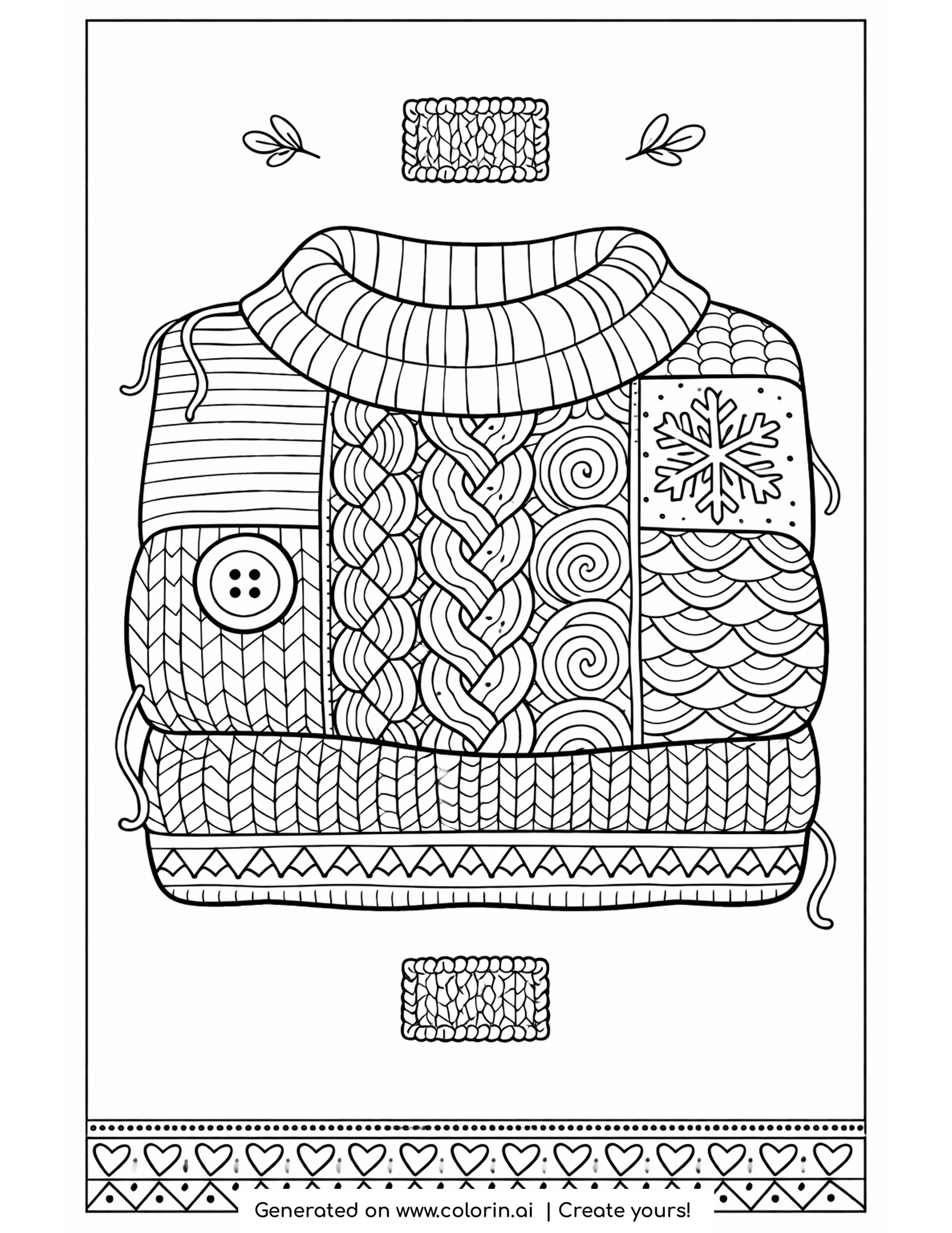 sweater coloring pages, a knit sweater with stars, cables and swirl bands