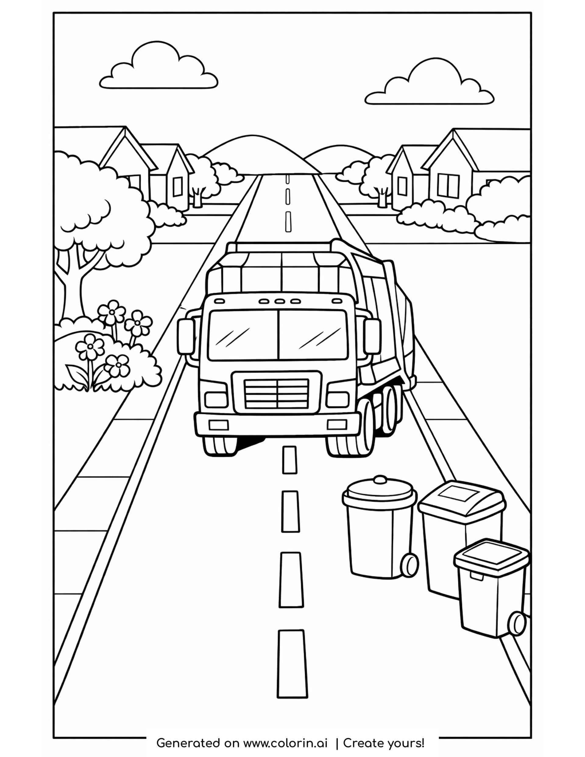 garbage truck route coloring pages: a garbage truck driving down a neighborhood street past three bins