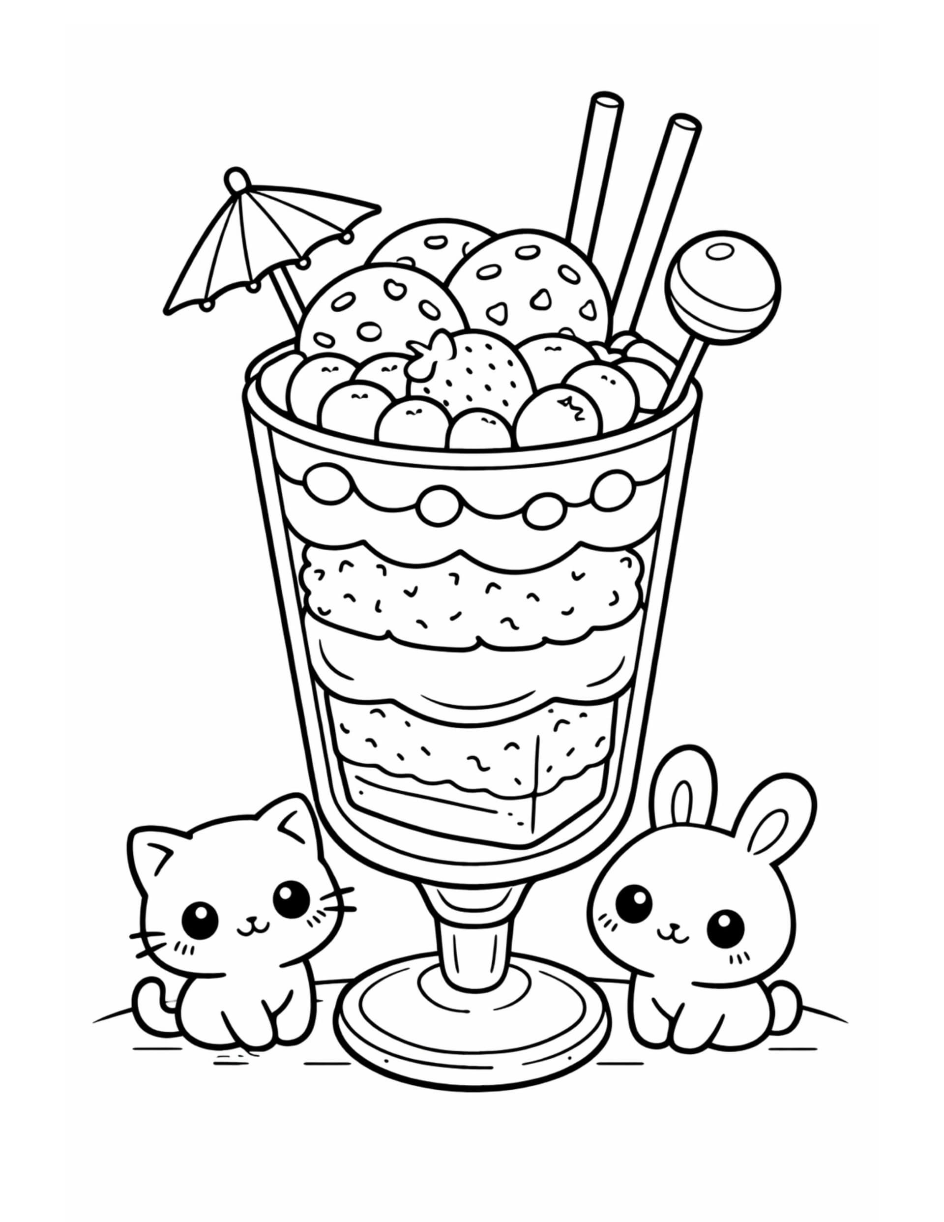layered parfait with cat bunny coloring page featuring a tall dessert glass, berries, wafer sticks, and tiny friends
