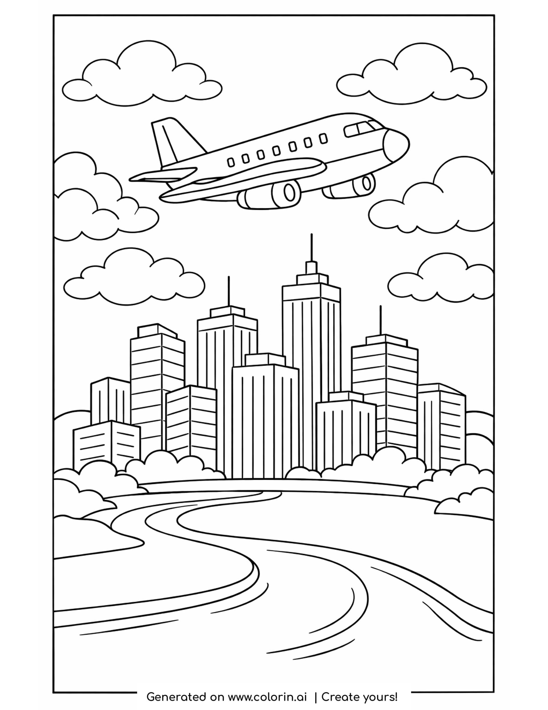 airplane over city coloring pages — passenger jet above a skyline of tall towers with a curving river below
