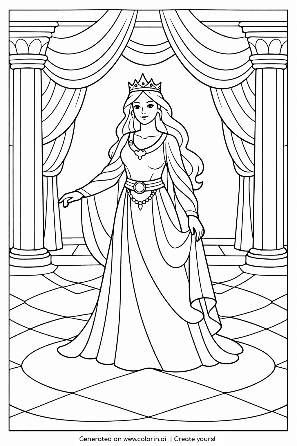 children's bible coloring pages, Queen Esther in a flowing gown and crown in a grand palace hall with columns
