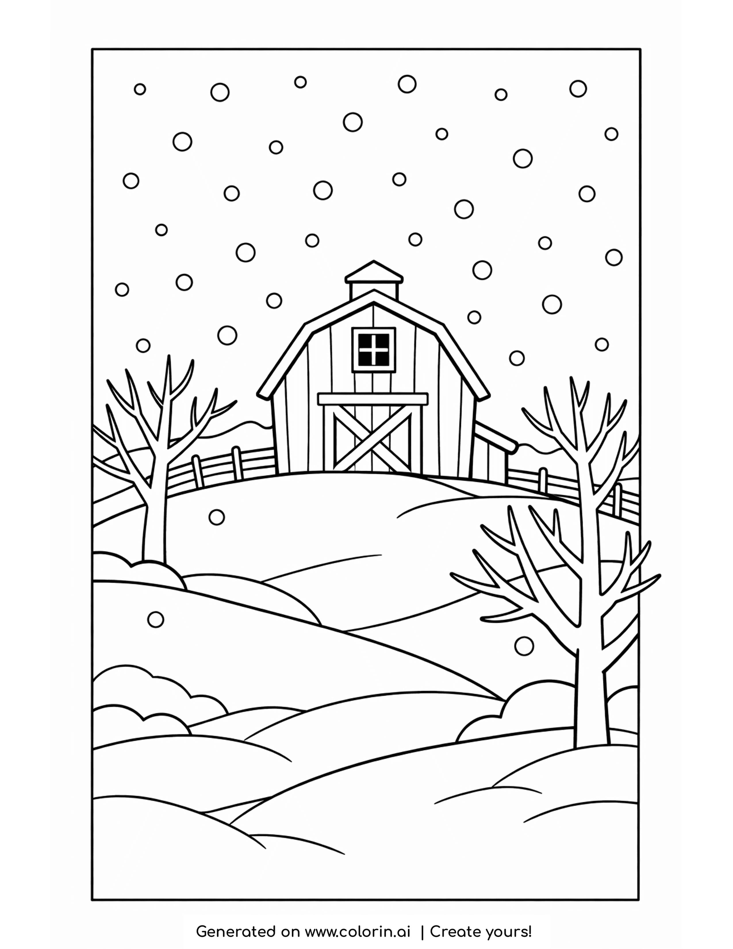 winter landscape coloring pages, a country barn on a snowy hill among bare trees with falling snow