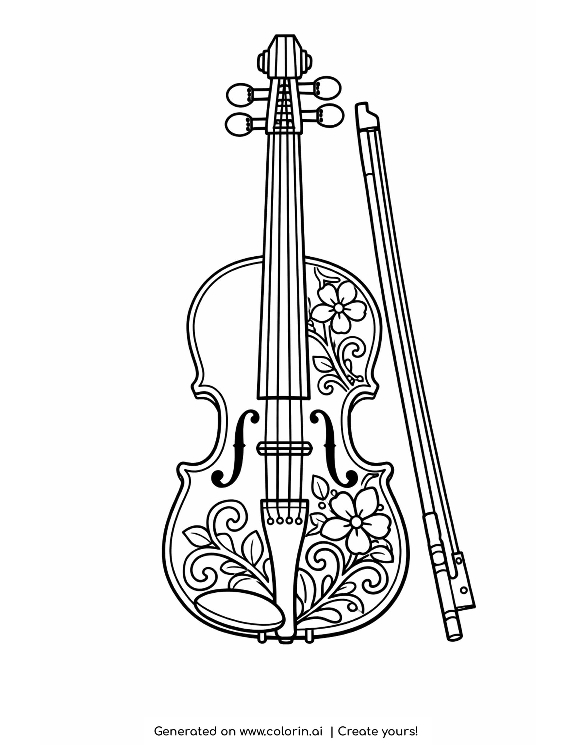 simple violin coloring pages - a violin standing upright with four strings and a bow leaning beside it