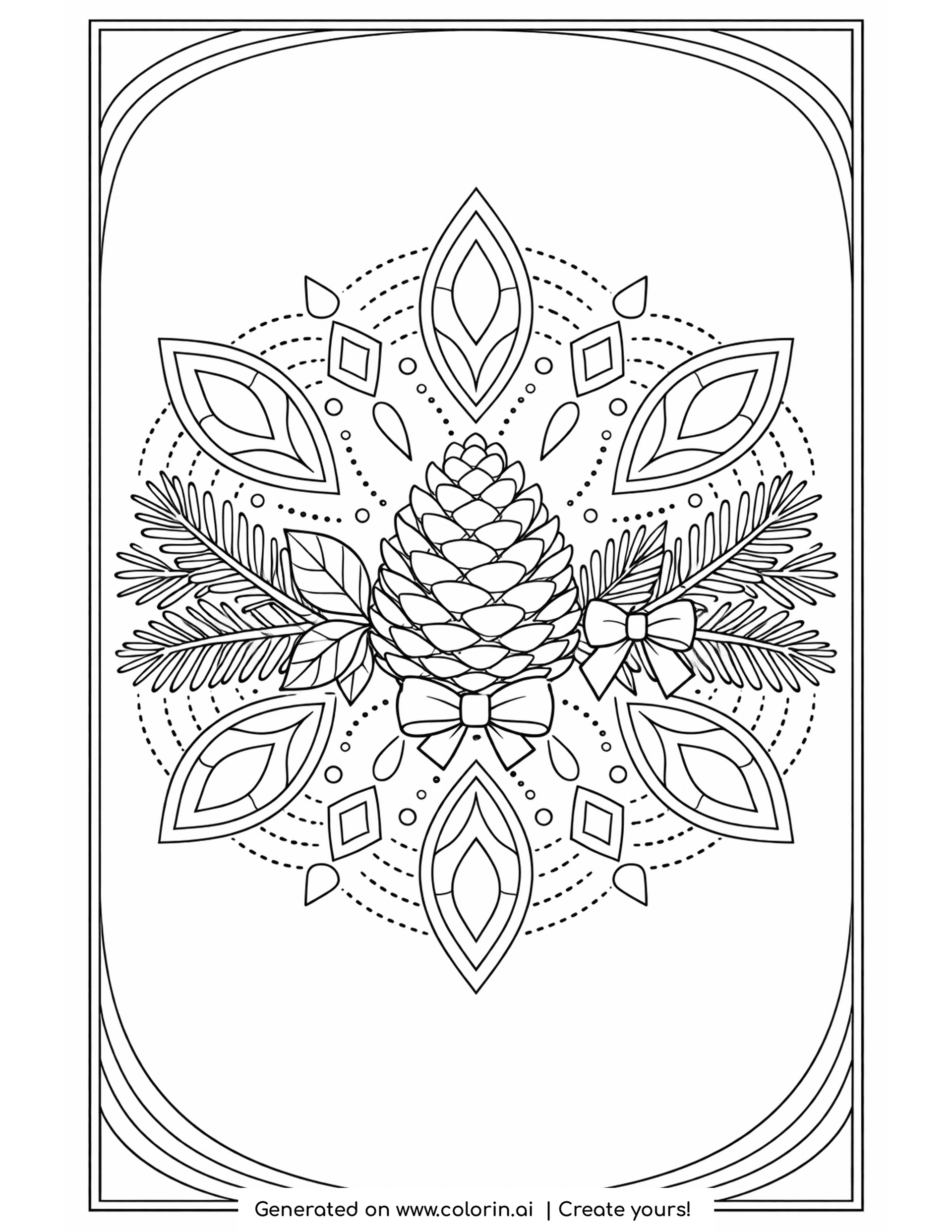 winter mandala coloring pages, a mandala with a central pinecone, pine sprigs and pointed petals