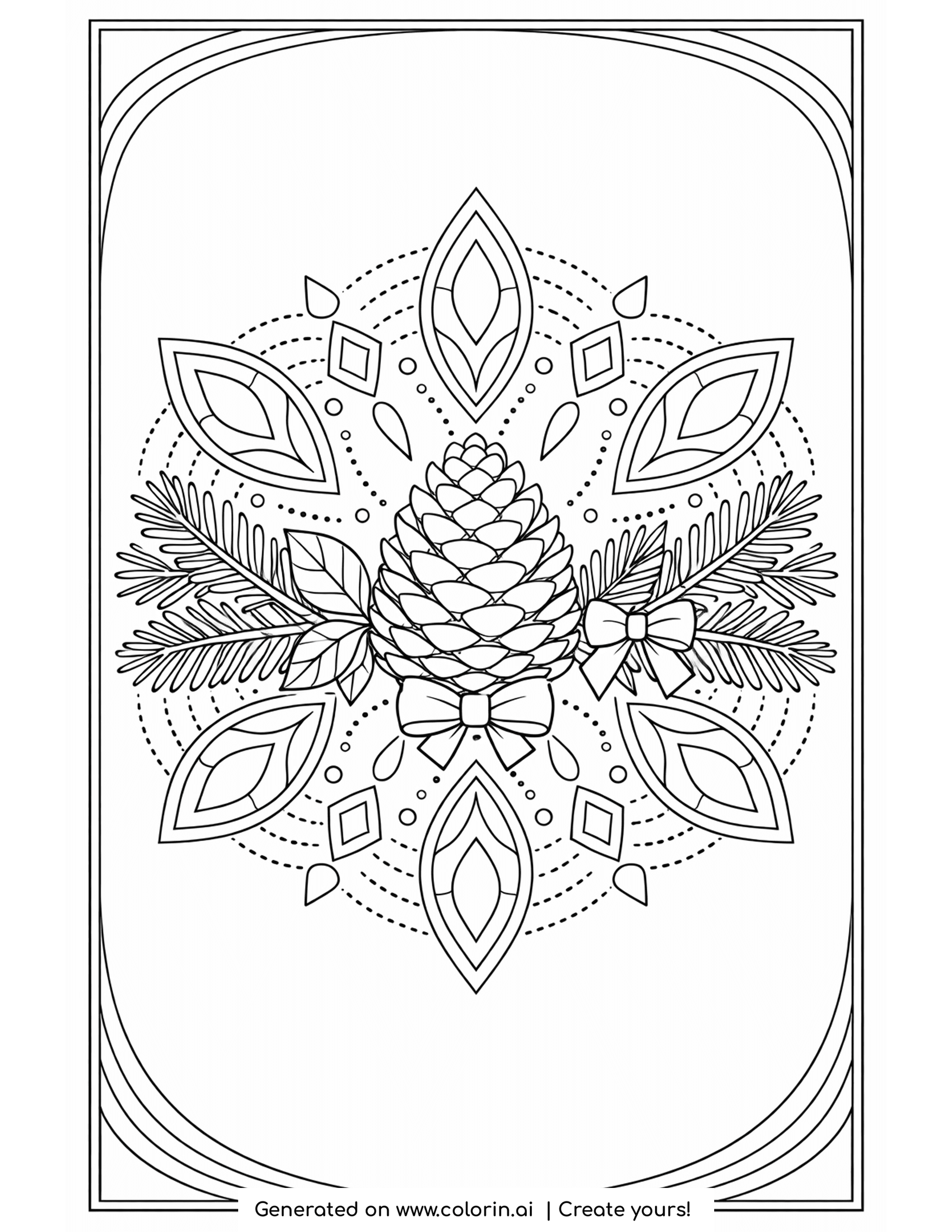 winter mandala coloring pages, a mandala with a central pinecone, pine sprigs and pointed petals