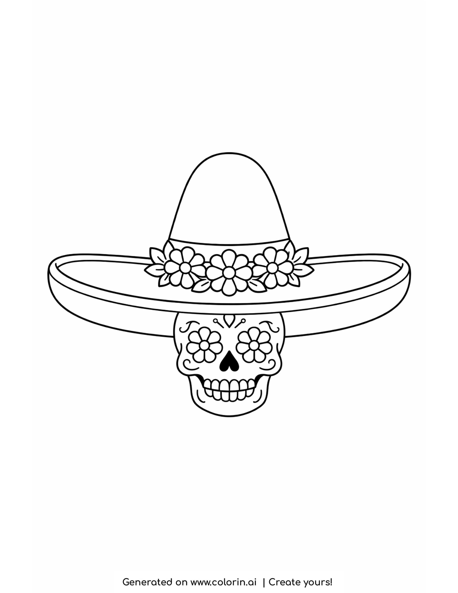 sombrero coloring pages, wide brimmed sombrero with a band of flowers and a small sugar skull below the brim