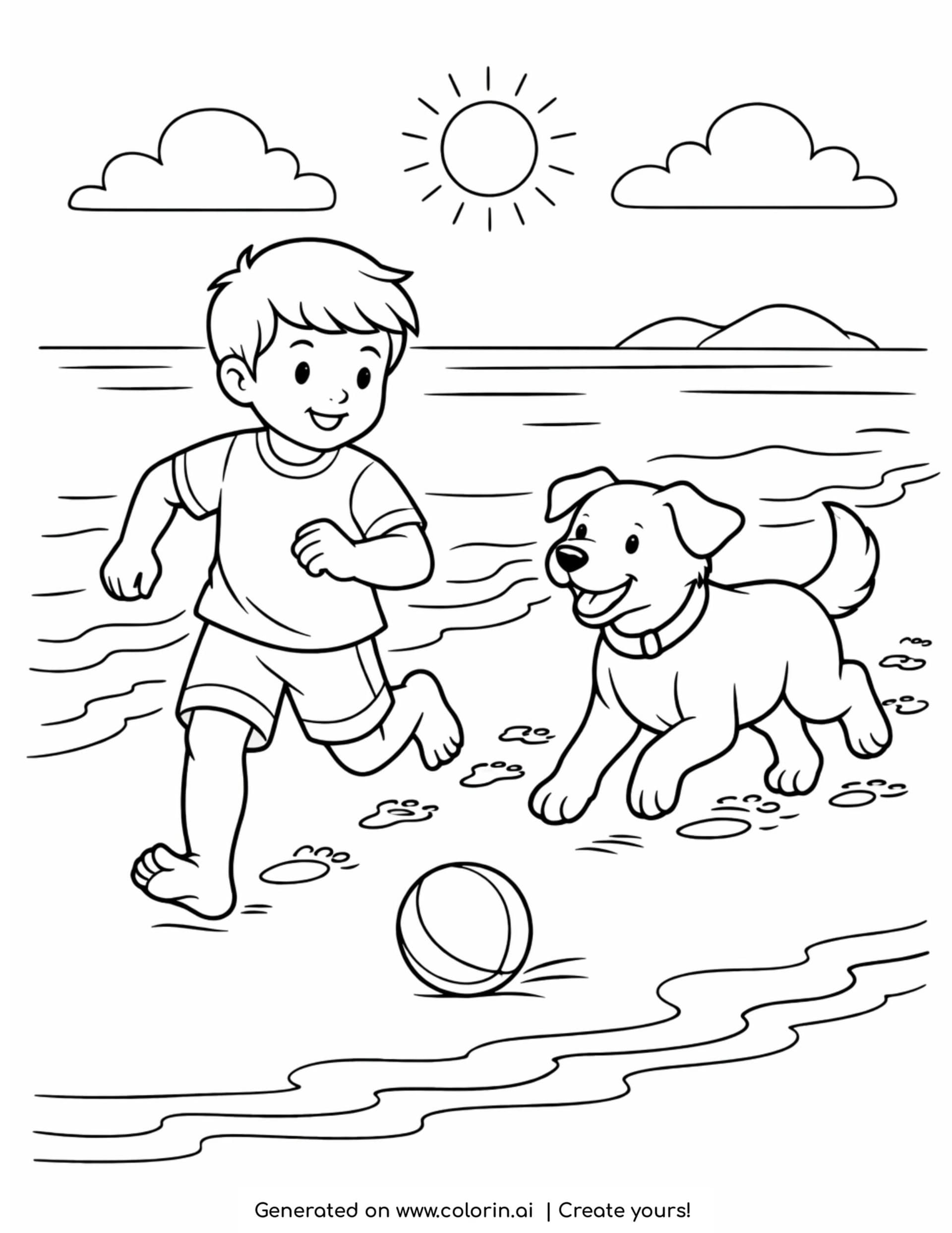 boy running with dog beach coloring page happy child and puppy by the sea coloring page