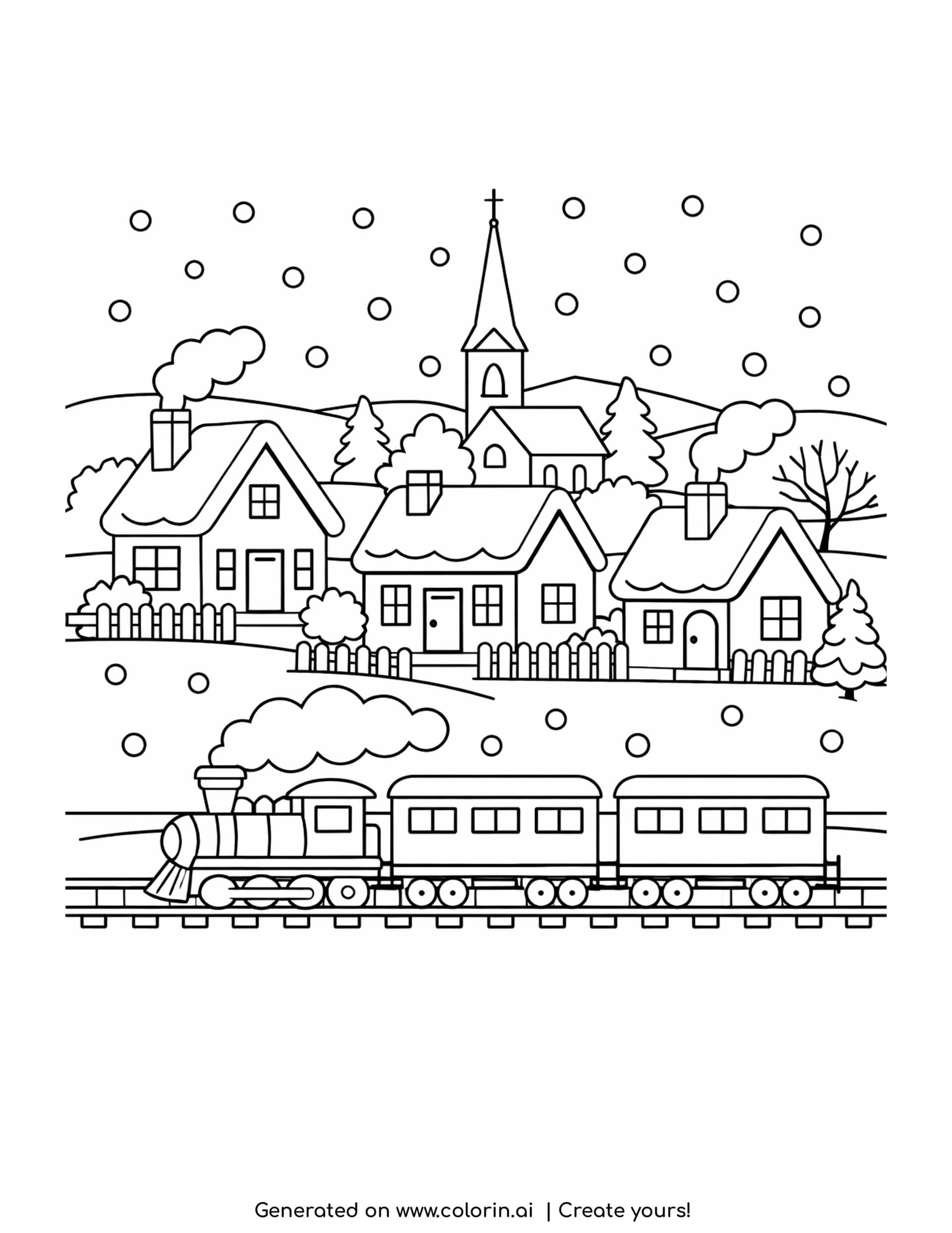 village coloring pages: a snowy village of three cottages and a church spire with a steam train passing along the bottom