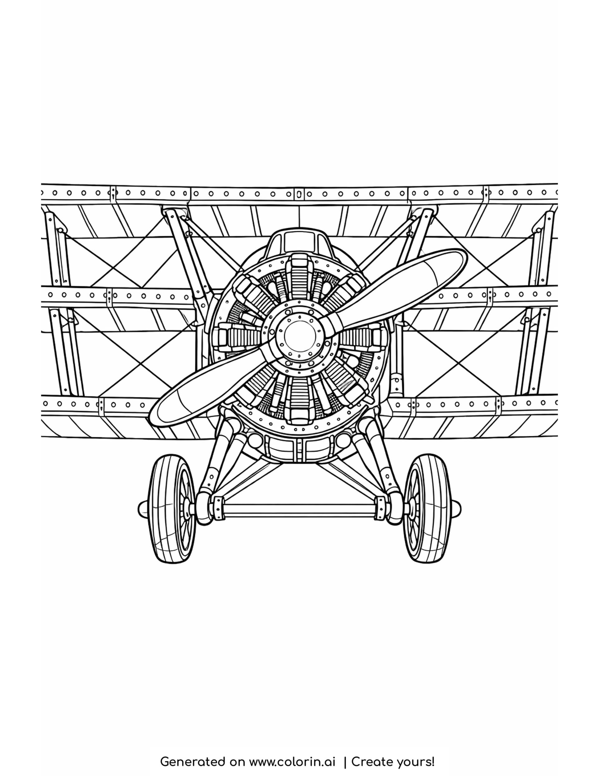 vintage biplane coloring pages — head on biplane with stacked wings, crossed bracing wires and a radial engine