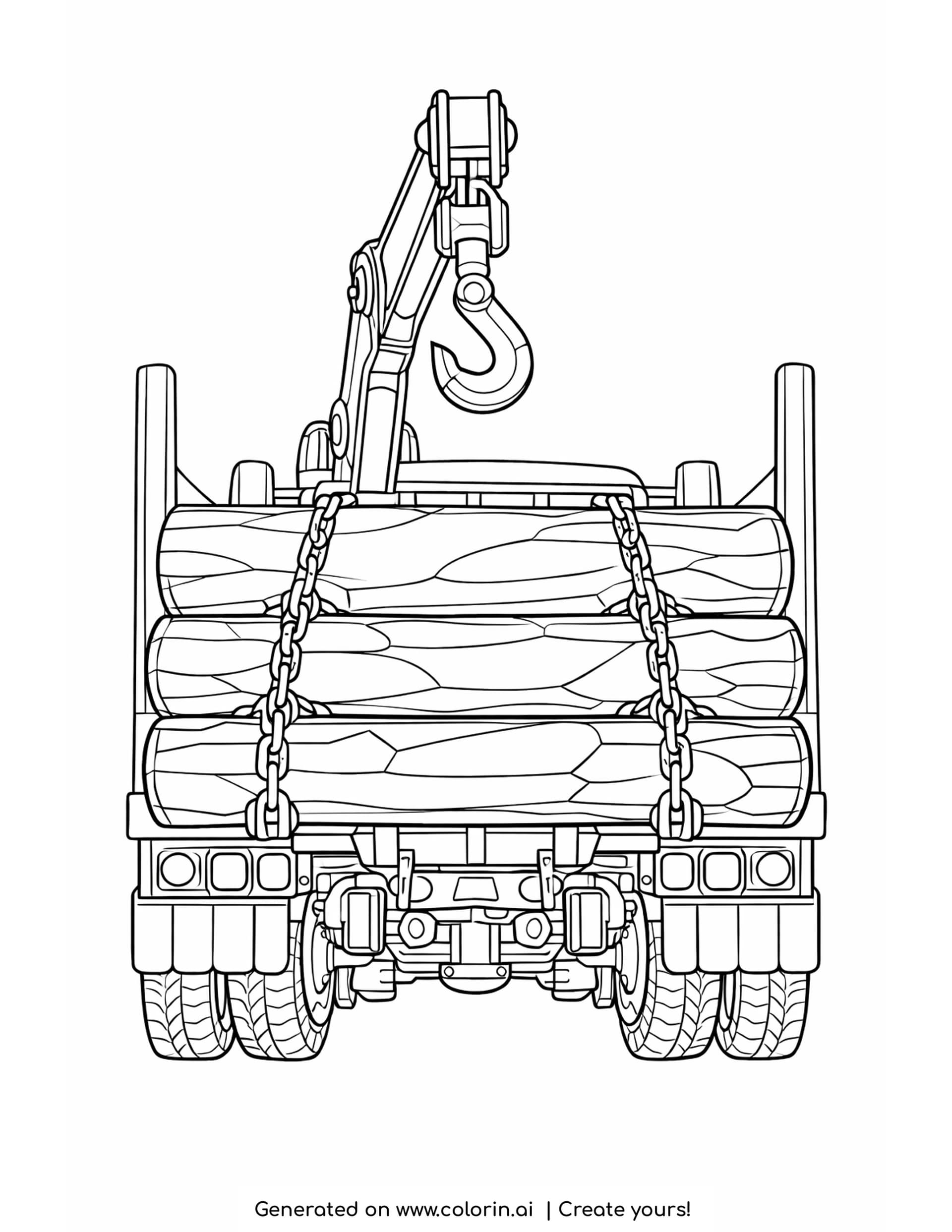 logging rig coloring pages: a loaded logging trailer from behind with chained tree trunks between tall posts