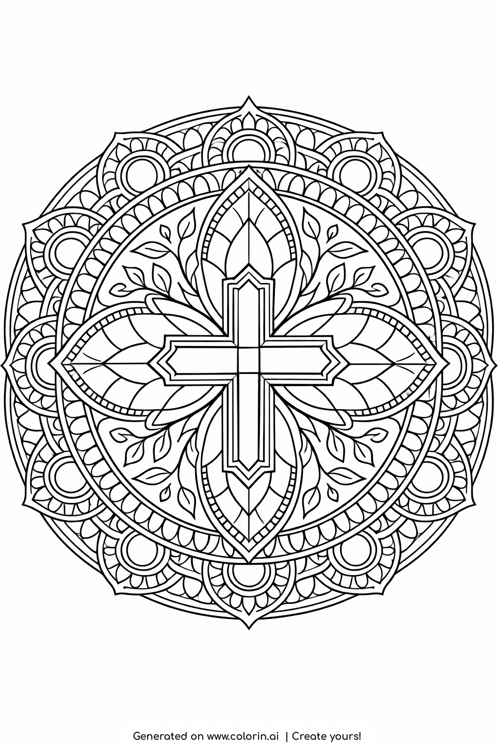 bible verse coloring pages for adults, bold cross at the center of a floral mandala with layered petal rings
