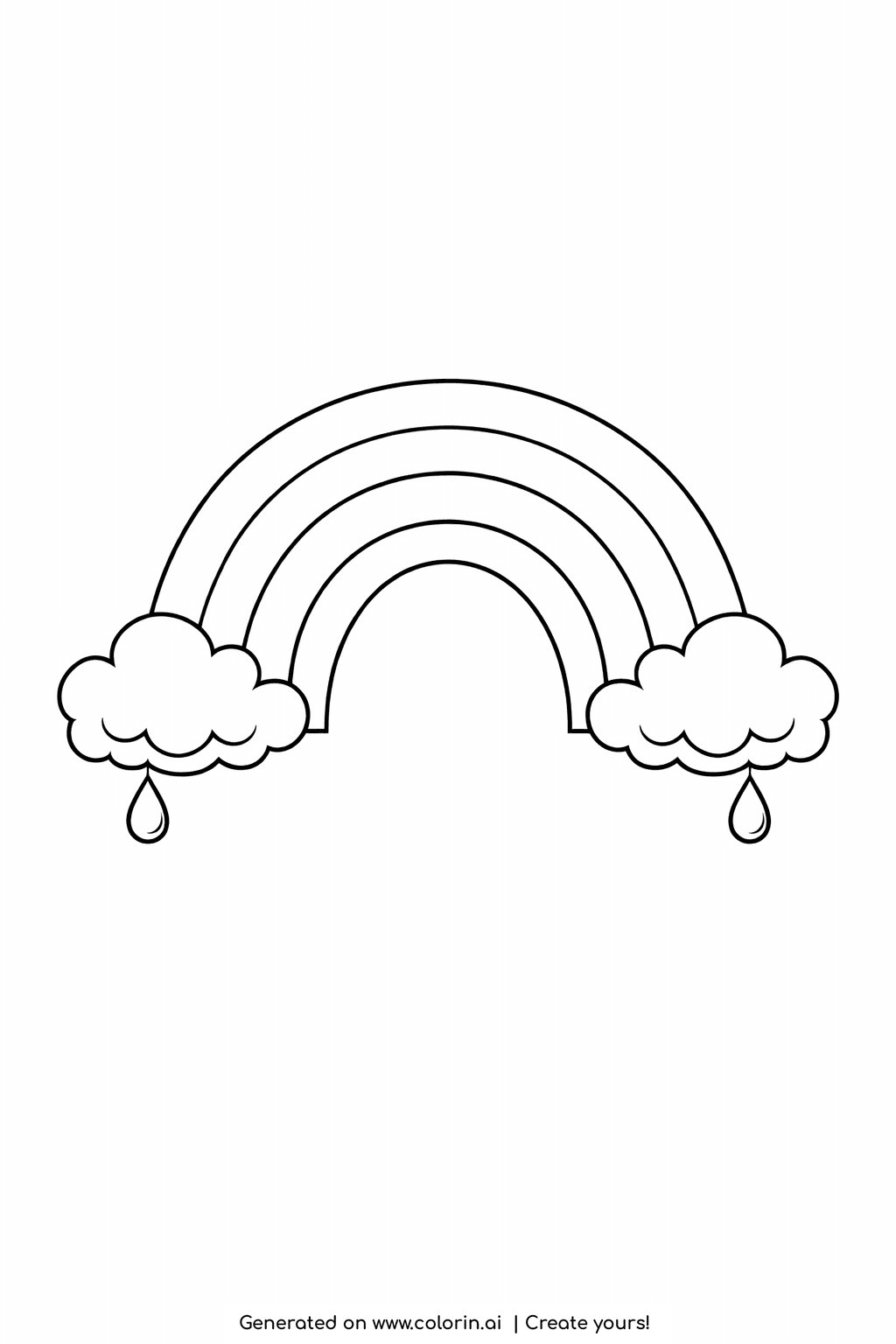 rainbow coloring pages for kids, one bold rainbow arch resting between two big rounded clouds