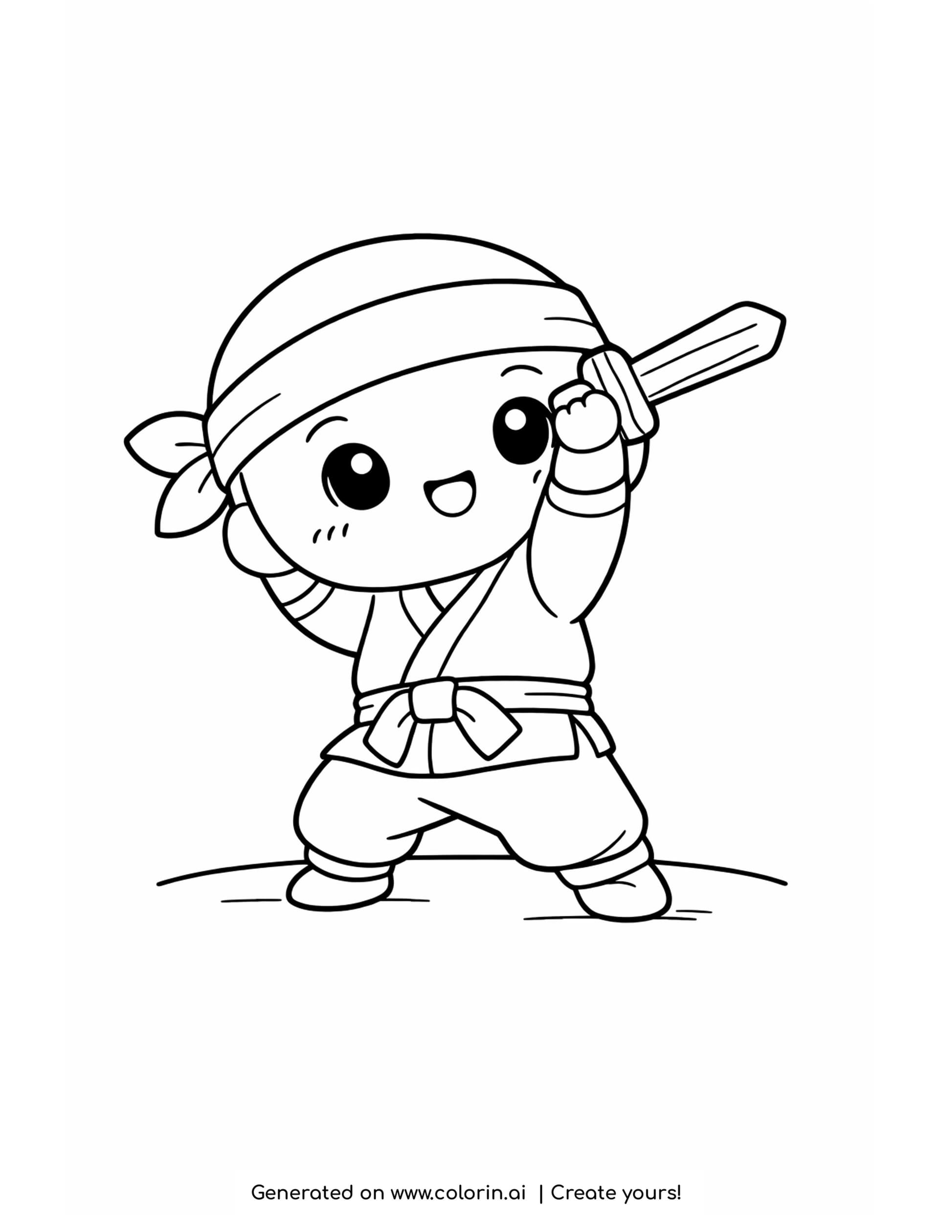 baby ninja coloring pages - baby ninja in a wide stance holding a small wooden sword above his head