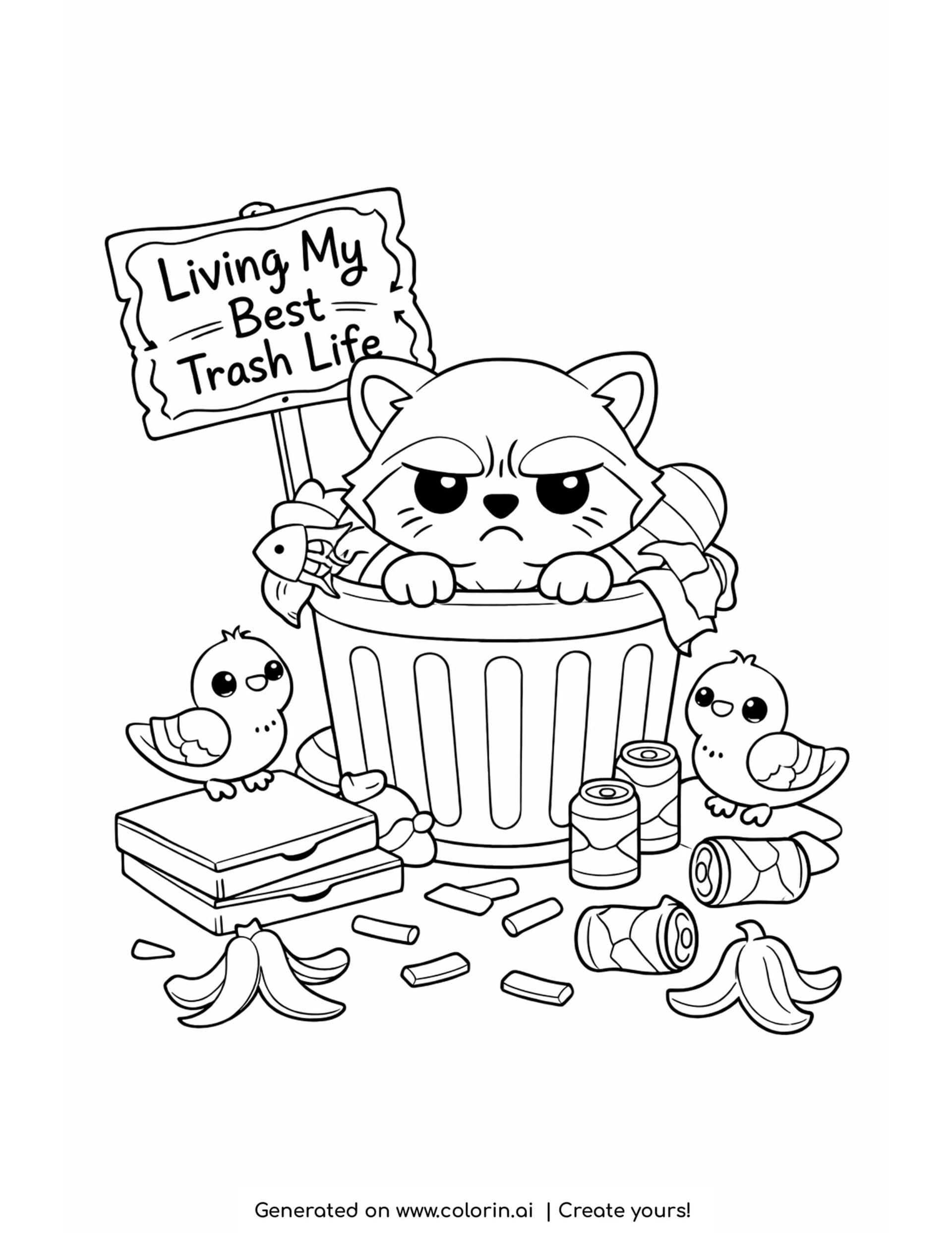 raccoon hiding in trash can coloring page with pizza boxes soda cans and banana peels