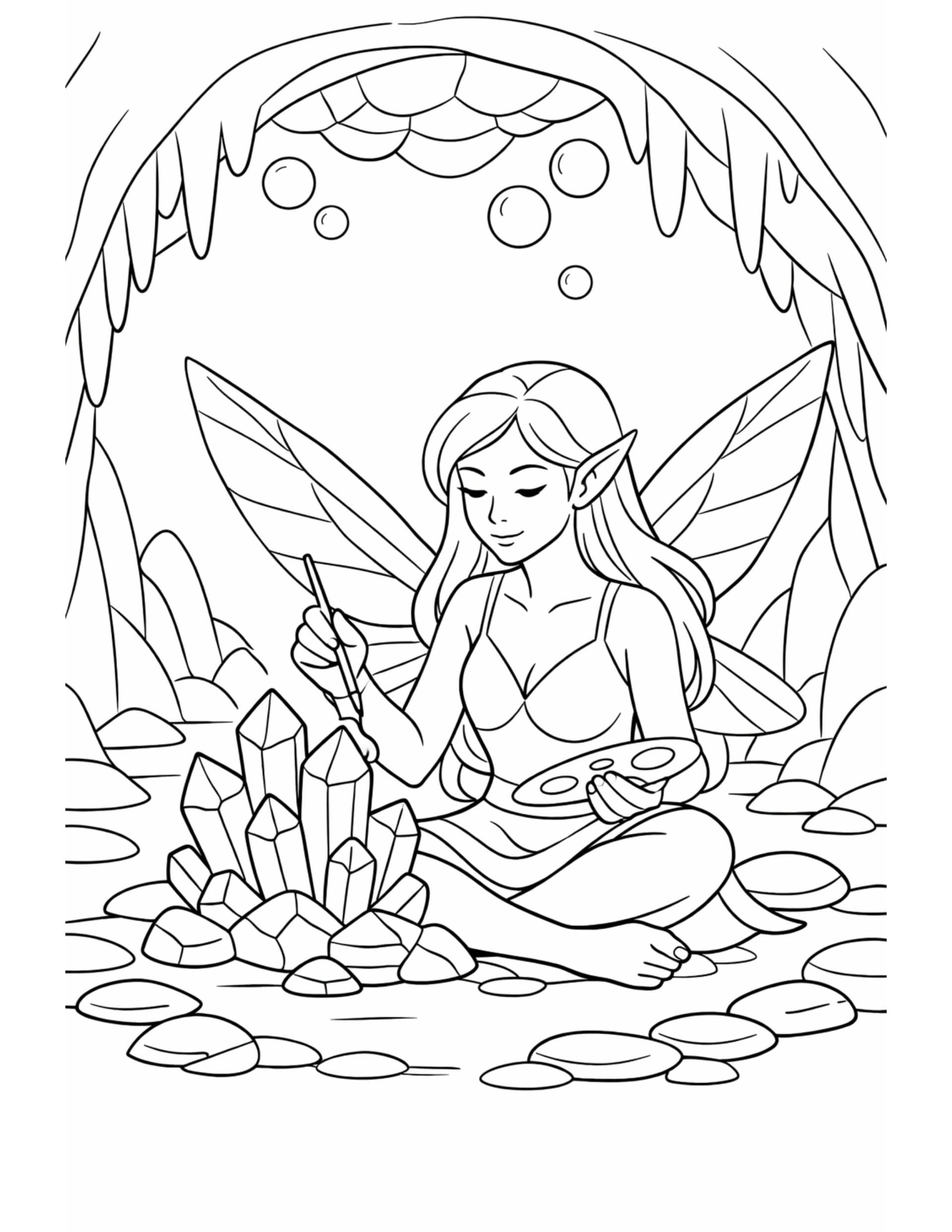 fairy painting crystals coloring page showing a fairy with wings painting crystal stones in a magical cave coloring page