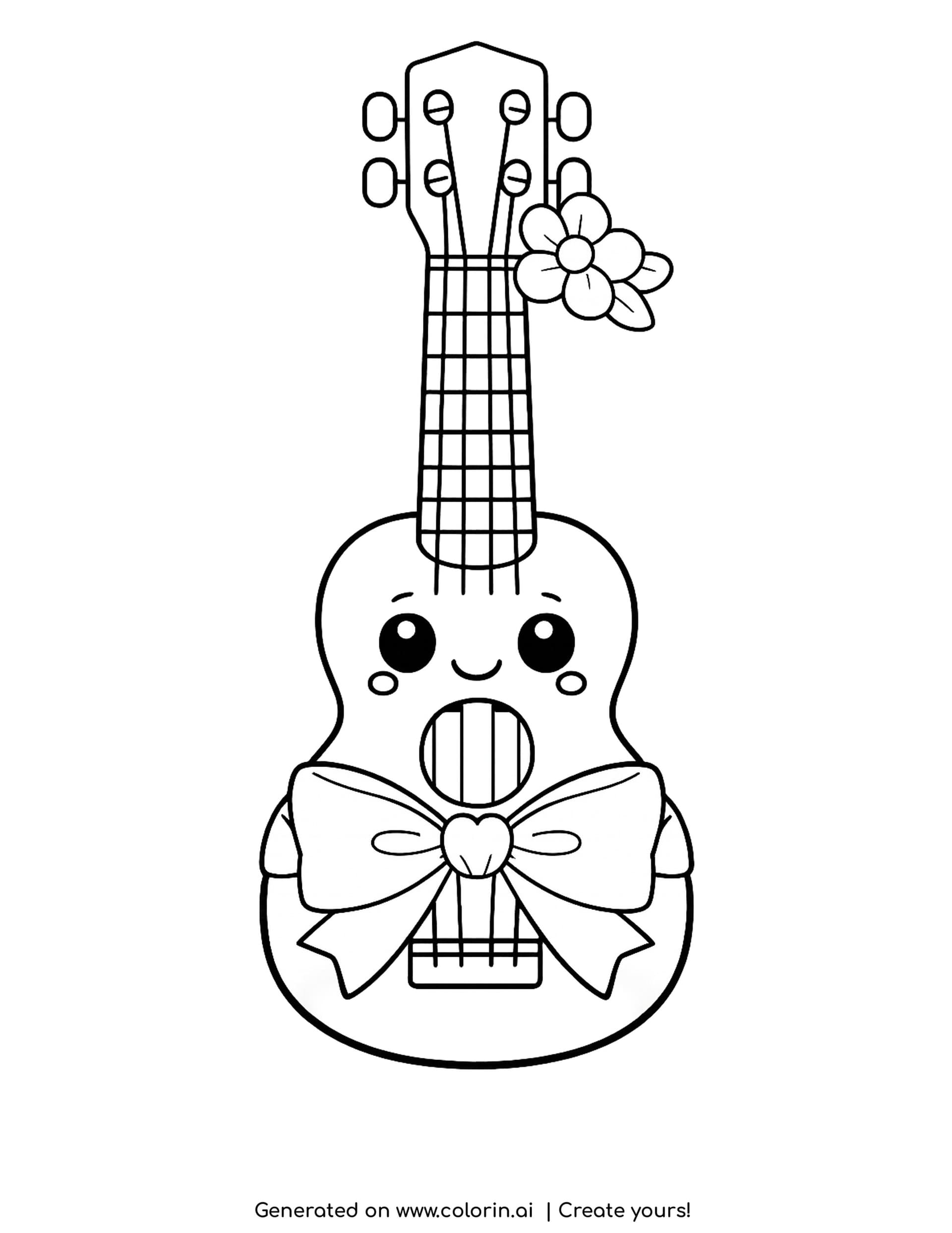 ukulele coloring pages - cute smiling ukulele with a flower at the headstock and a big bow across the body