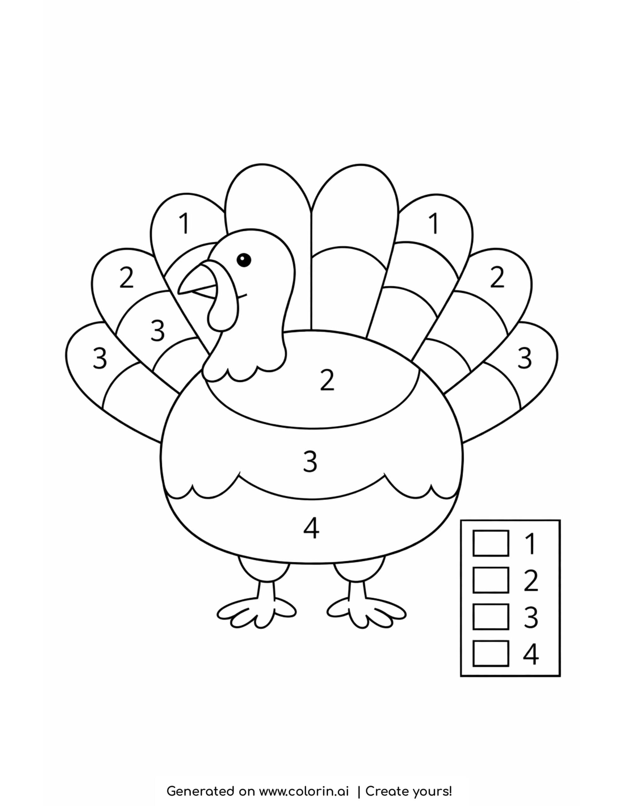 thanksgiving coloring book, a color by number turkey with numbered sections and a small key box