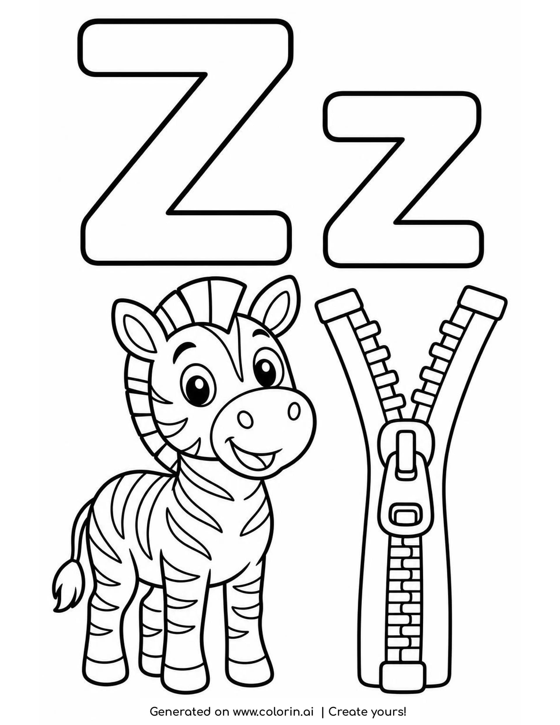A letter Z coloring page with a hollow capital Z and lowercase z above a smiling striped zebra and a tall zipper open at the top