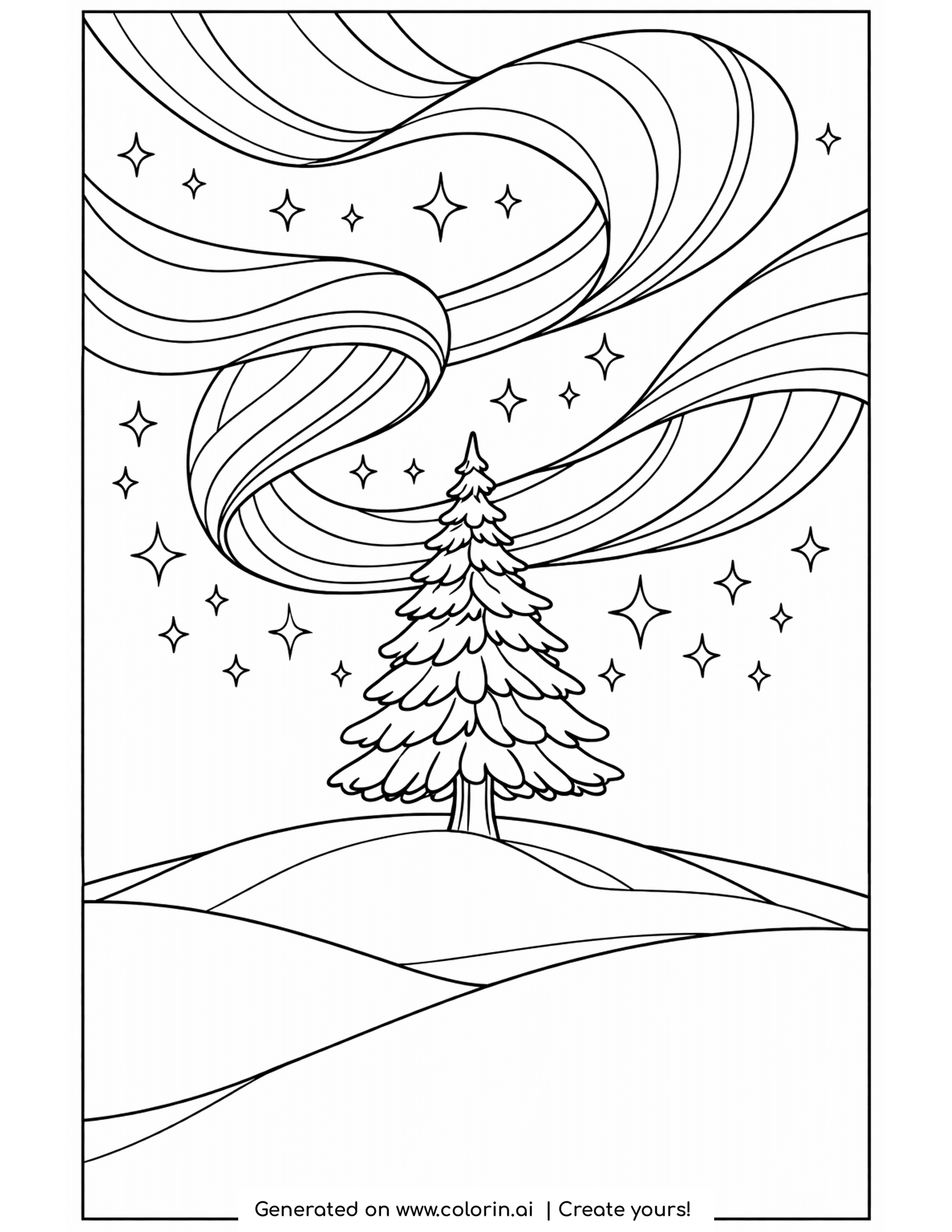 winter coloring pages for adults, northern lights swirling over a lone pine on a snowy hill