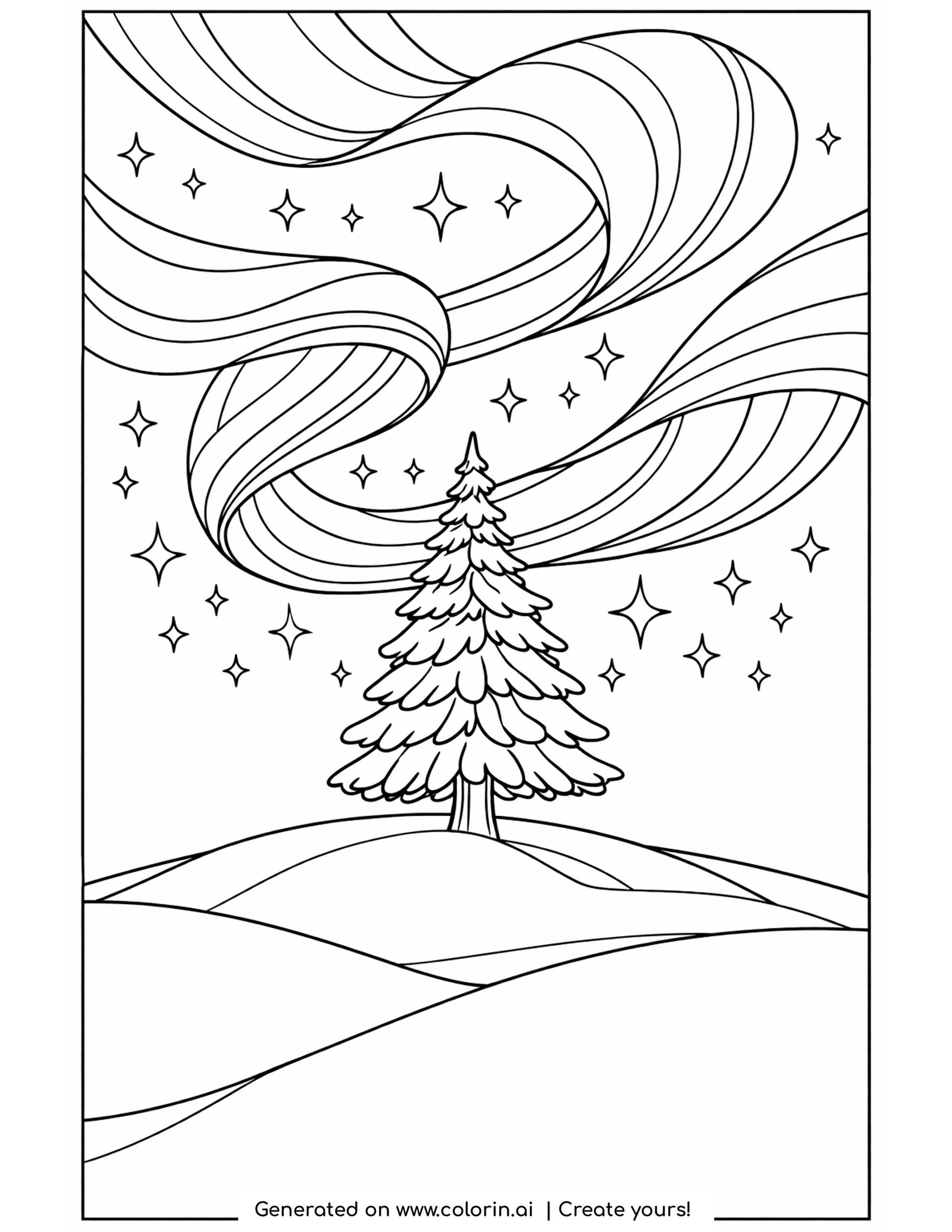 winter coloring pages for adults, northern lights swirling over a lone pine on a snowy hill