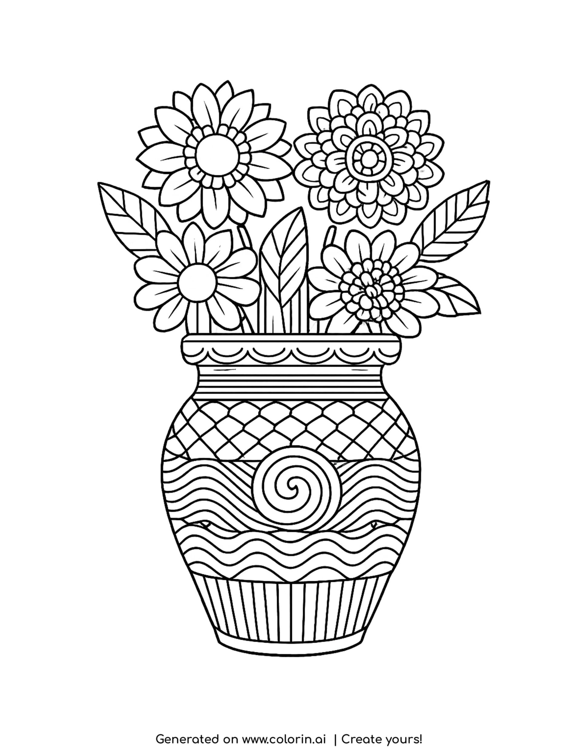 flower vase with patterned design and flowers coloring page