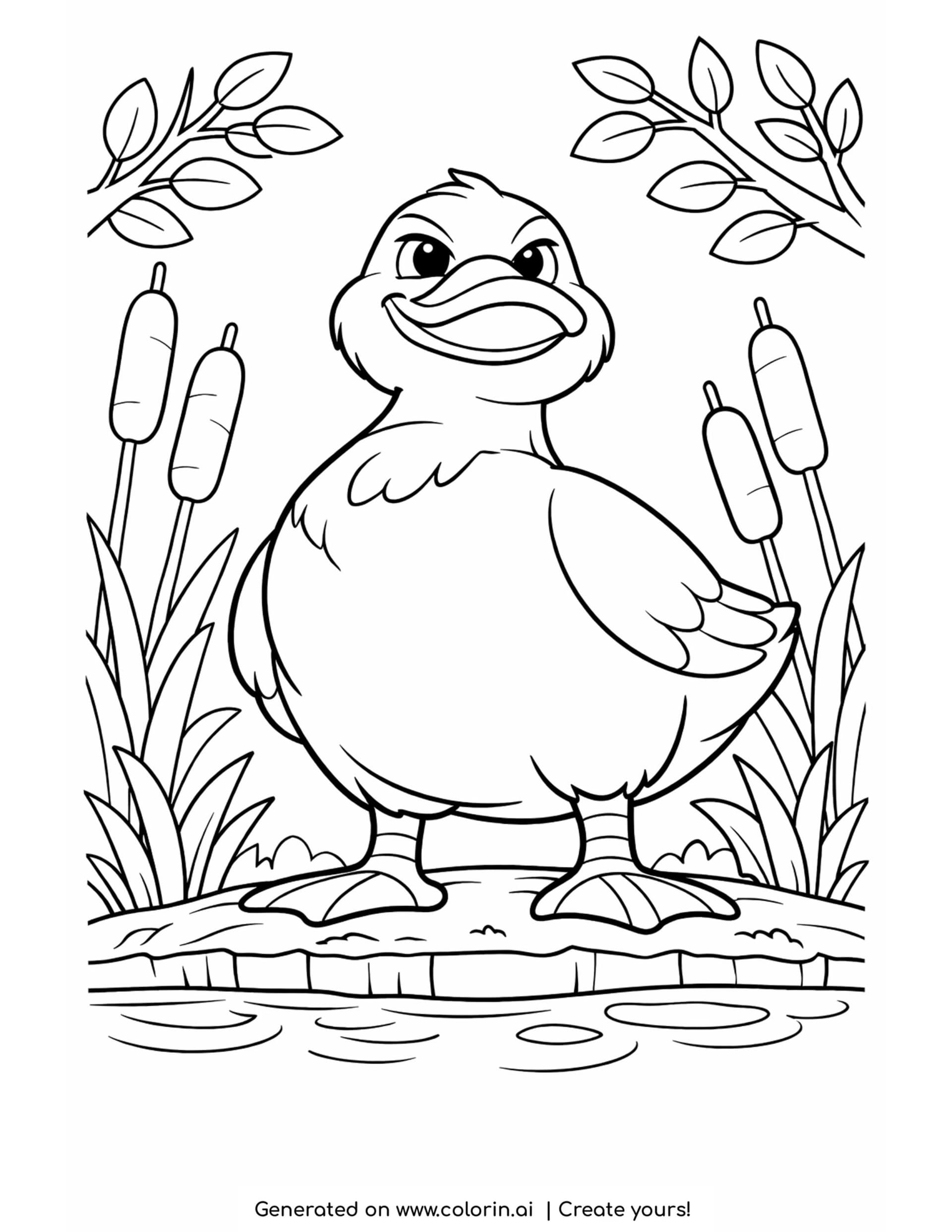 duck standing by the pond coloring page with reeds and leafy branches