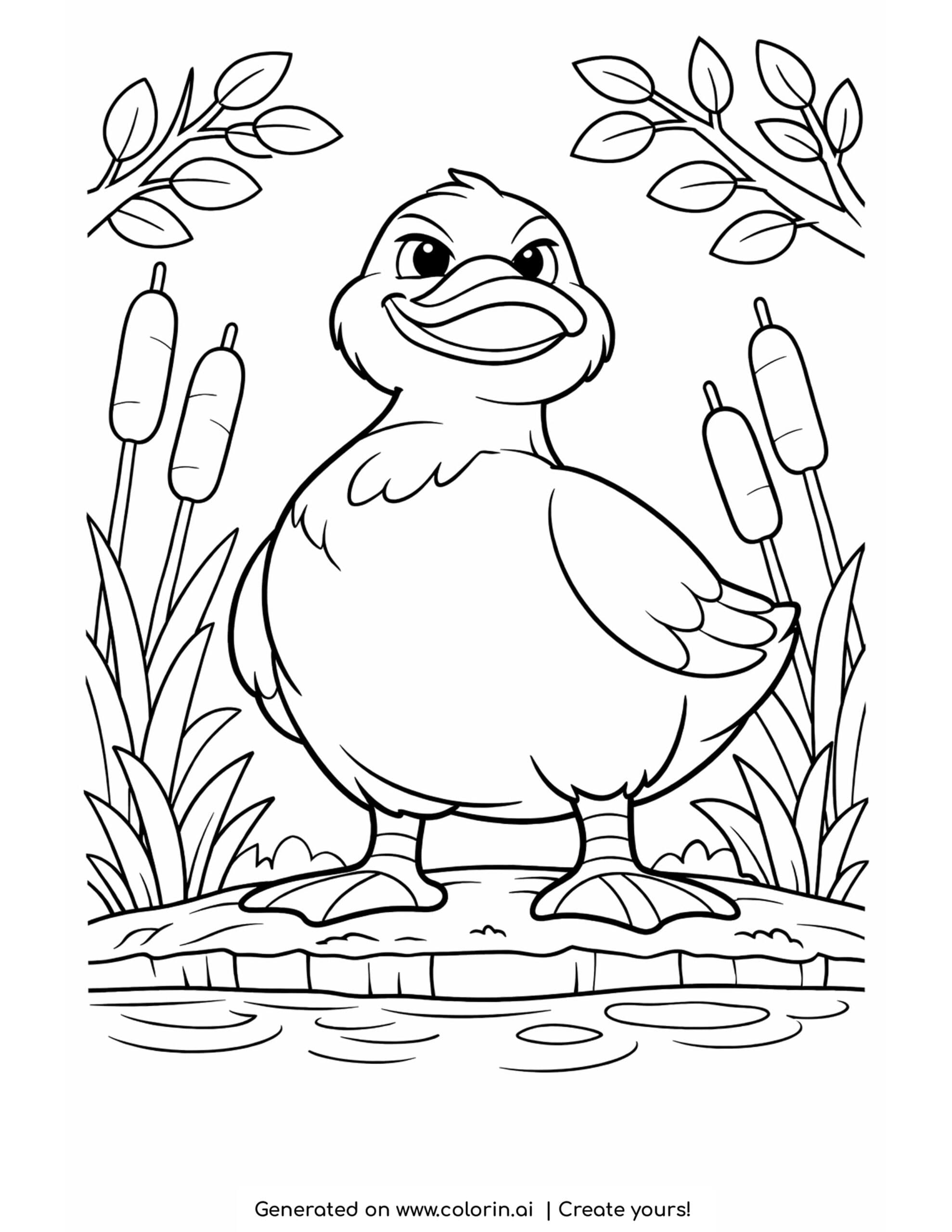 duck standing by the pond coloring page with reeds and leafy branches