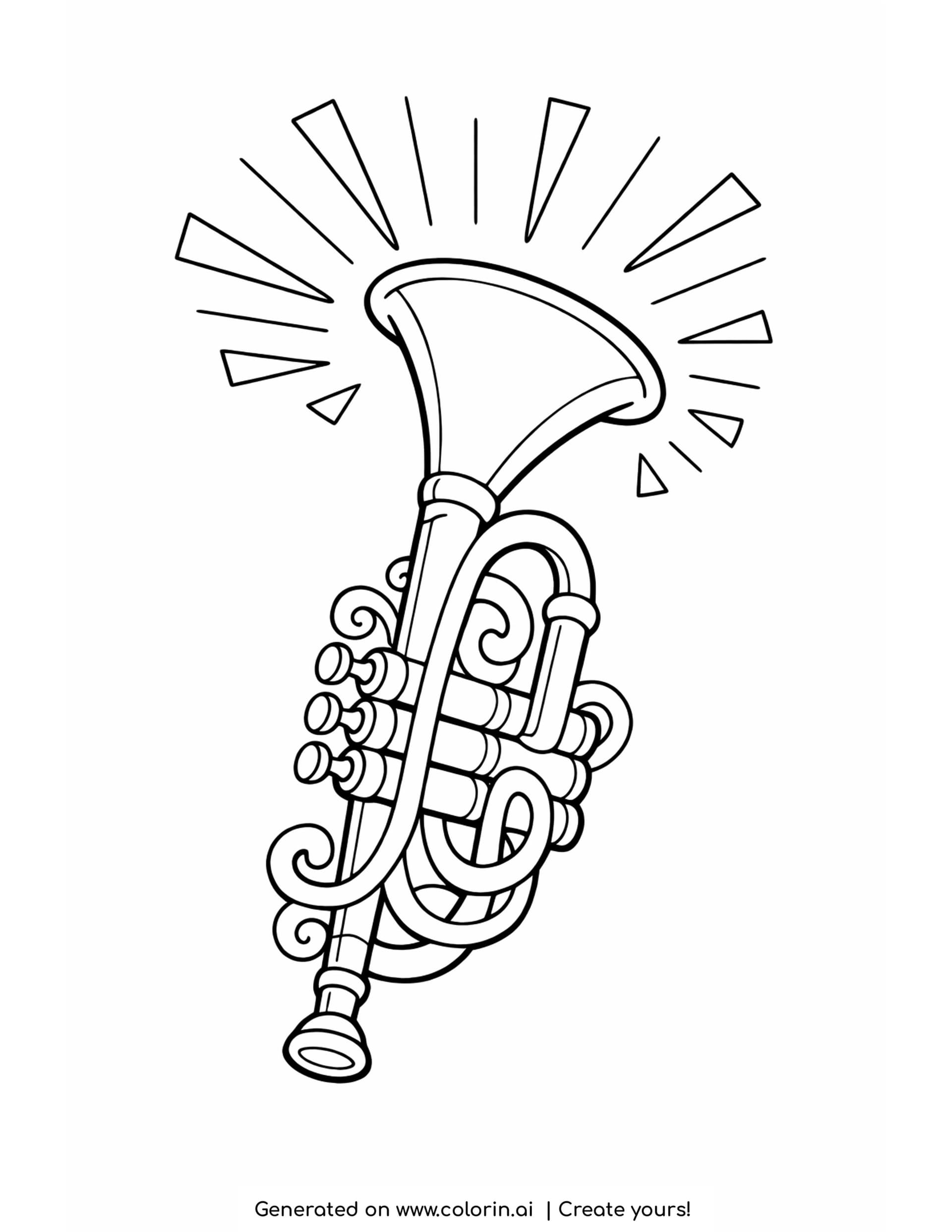 trumpet blaring coloring pages - trumpet with three valves and a wide bell throwing out a burst of sound rays